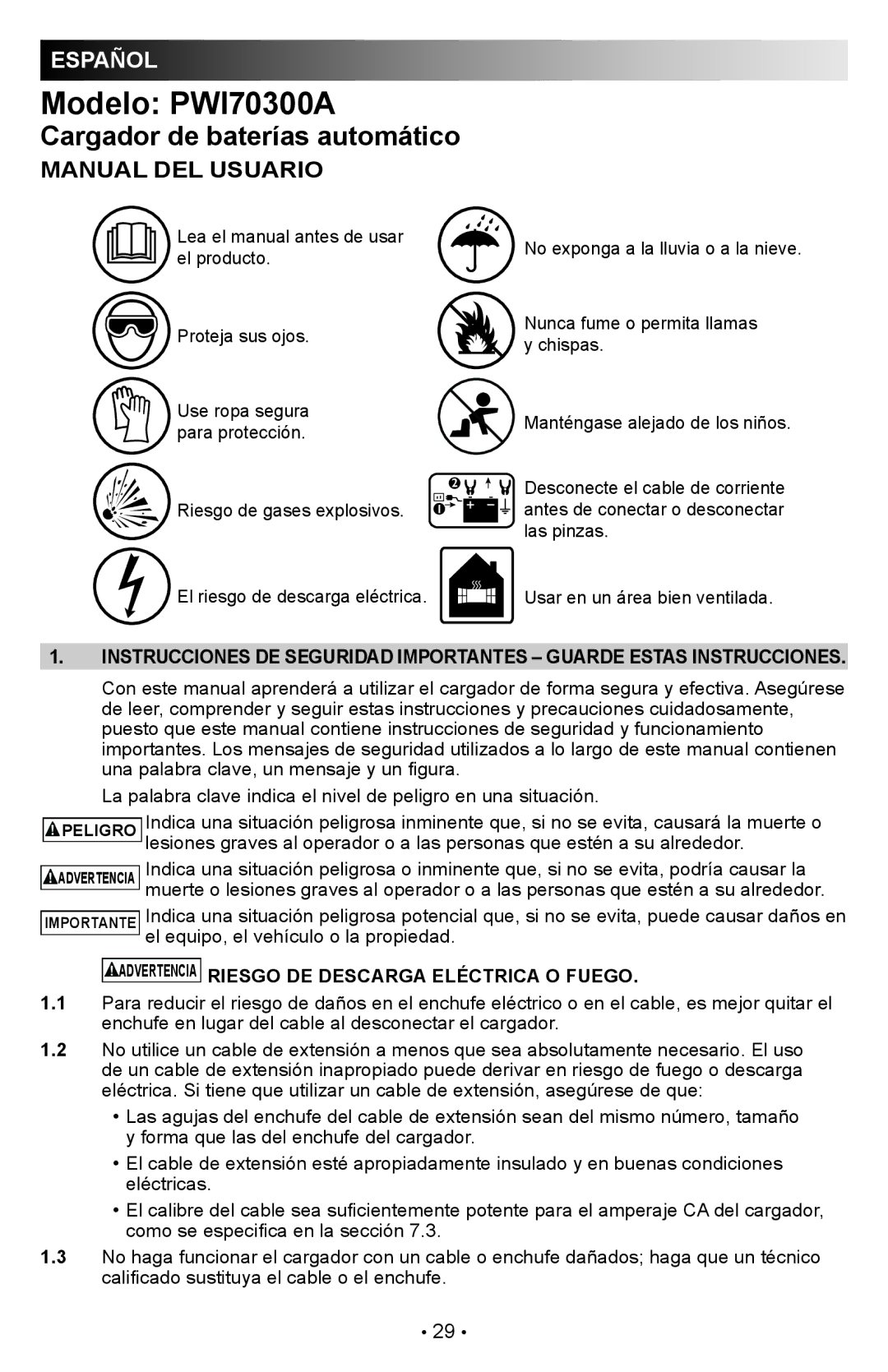 Schumacher owner manual Modelo PWI70300A, Advertencia Riesgo DE Descarga Eléctrica O Fuego 