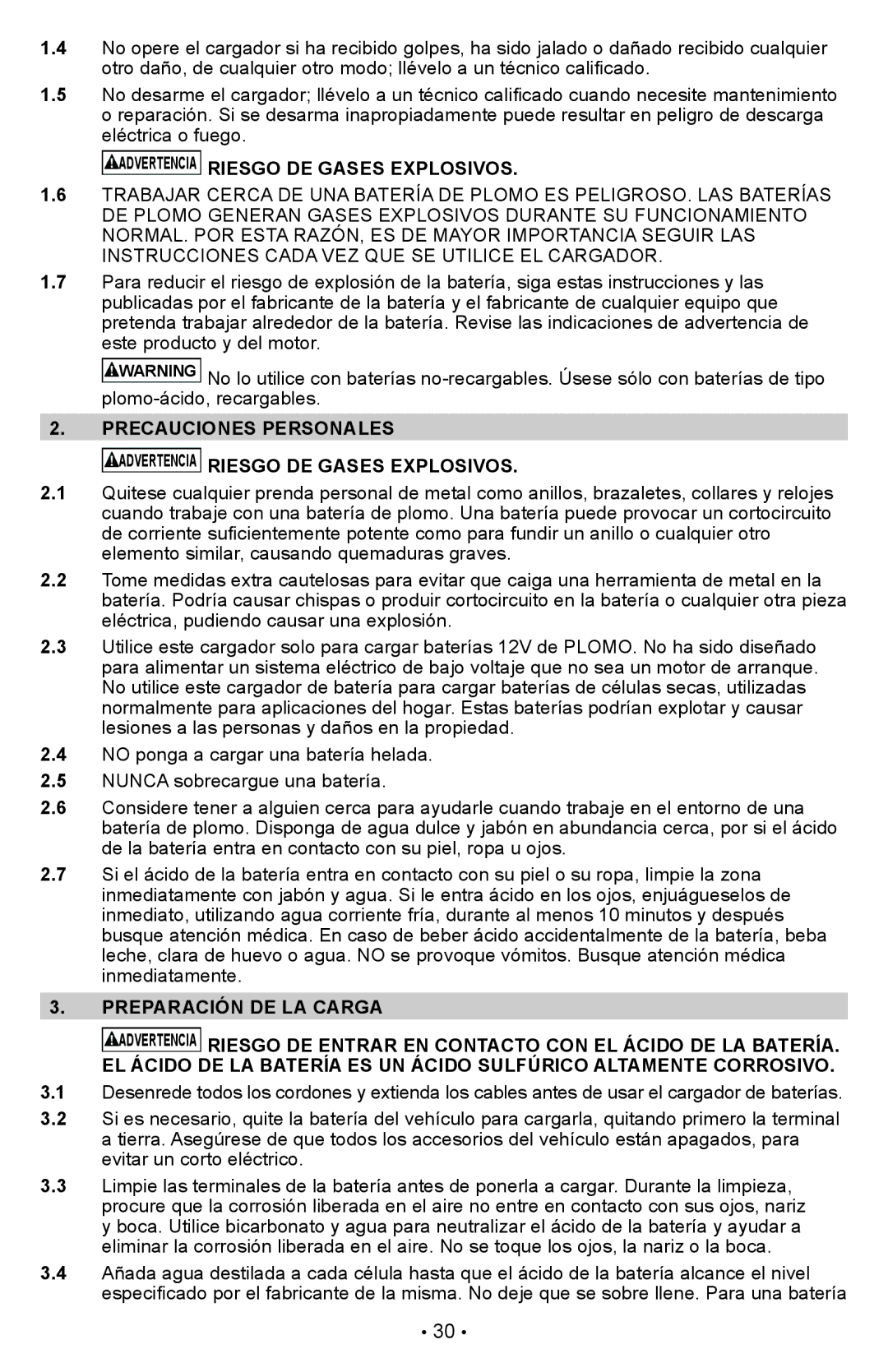 Schumacher PWI70300A owner manual Advertencia Riesgo DE Gases Explosivos 