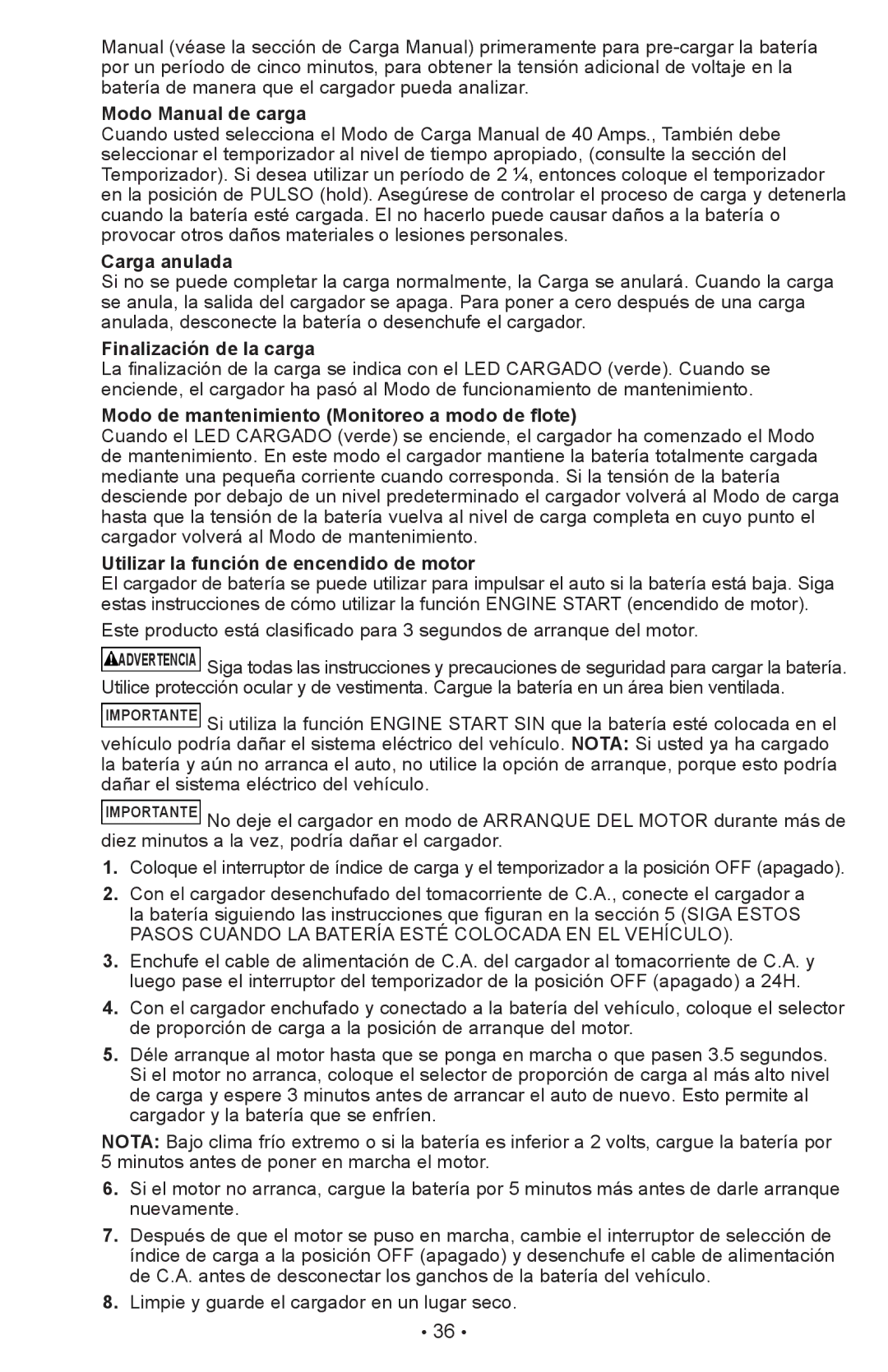 Schumacher PWI70300A owner manual Modo Manual de carga, Carga anulada, Finalización de la carga 