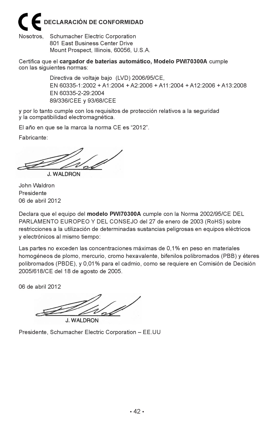 Schumacher PWI70300A owner manual Declaración DE Conformidad 