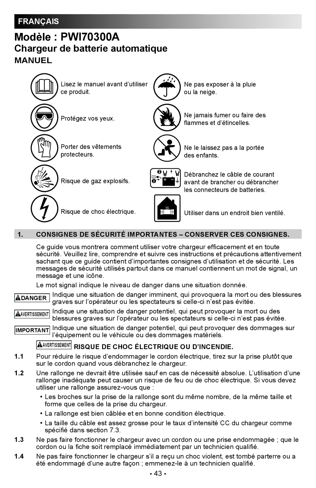 Schumacher PWI70300A owner manual Consignes DE Sécurité Importantes Conserver CES Consignes 