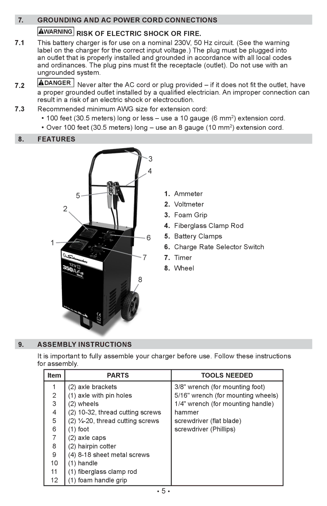 Schumacher PWI70300A Grounding and AC Power Cord Connections, Features, Assembly Instructions, Parts Tools Needed 