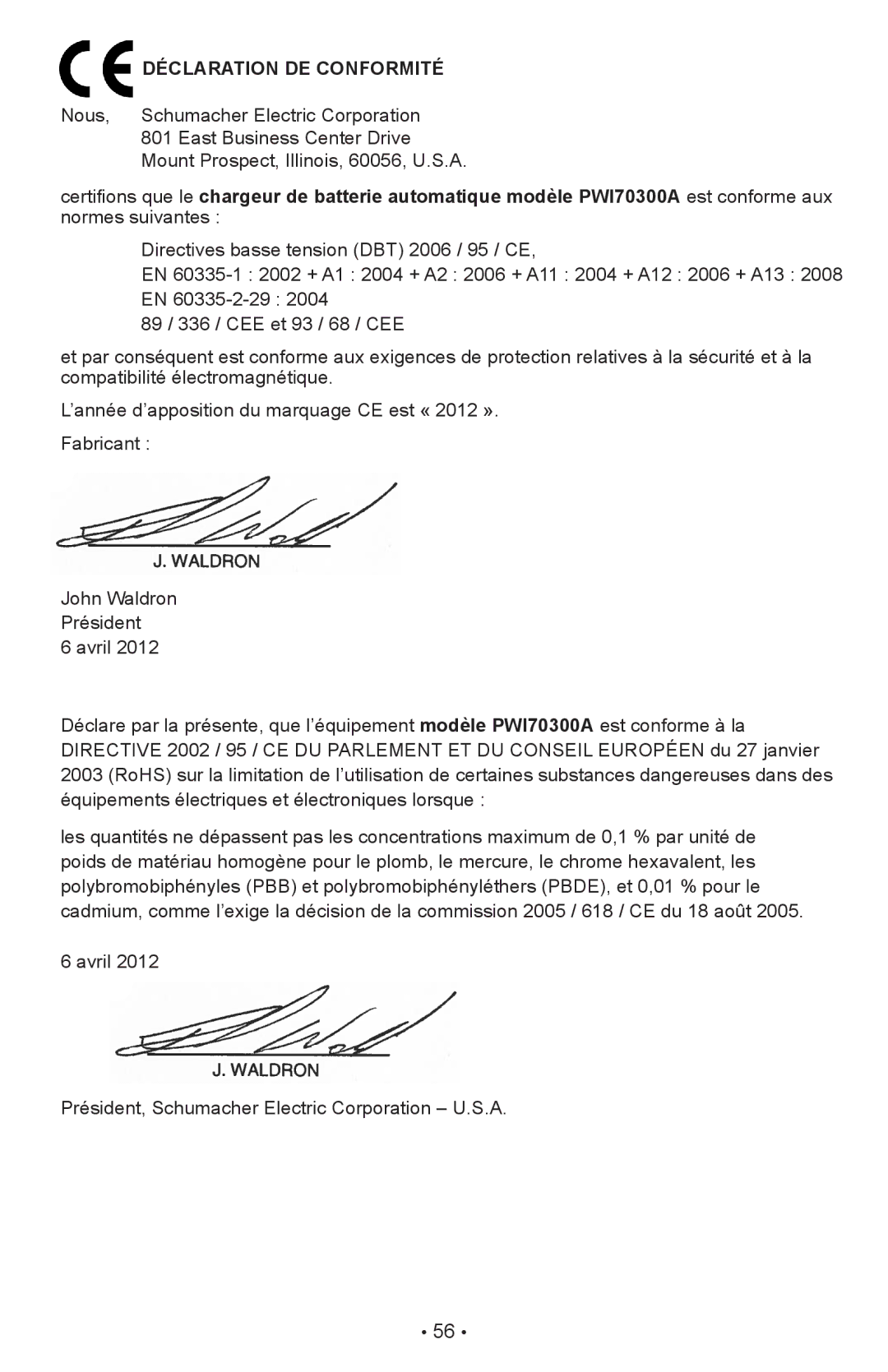 Schumacher PWI70300A owner manual Déclaration DE Conformité 