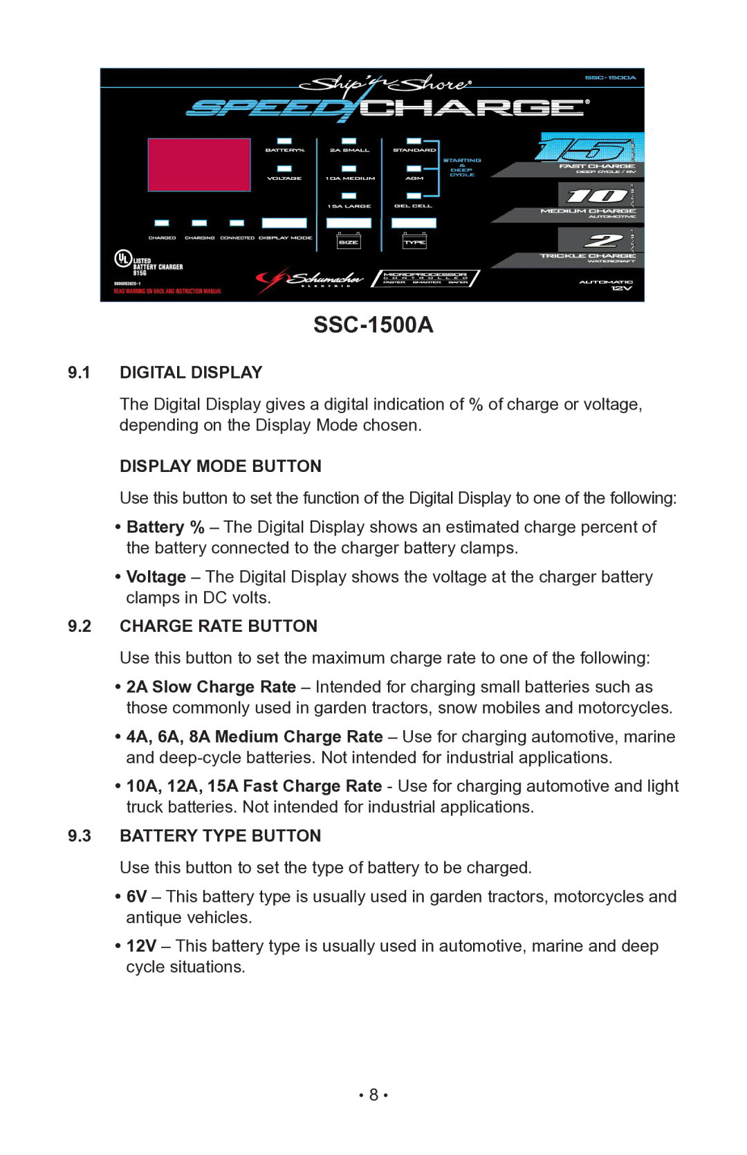 Schumacher MODELS SC-600A, SC-1000A Digital Display, Display Mode Button, Charge Rate Button, Battery Type Button 