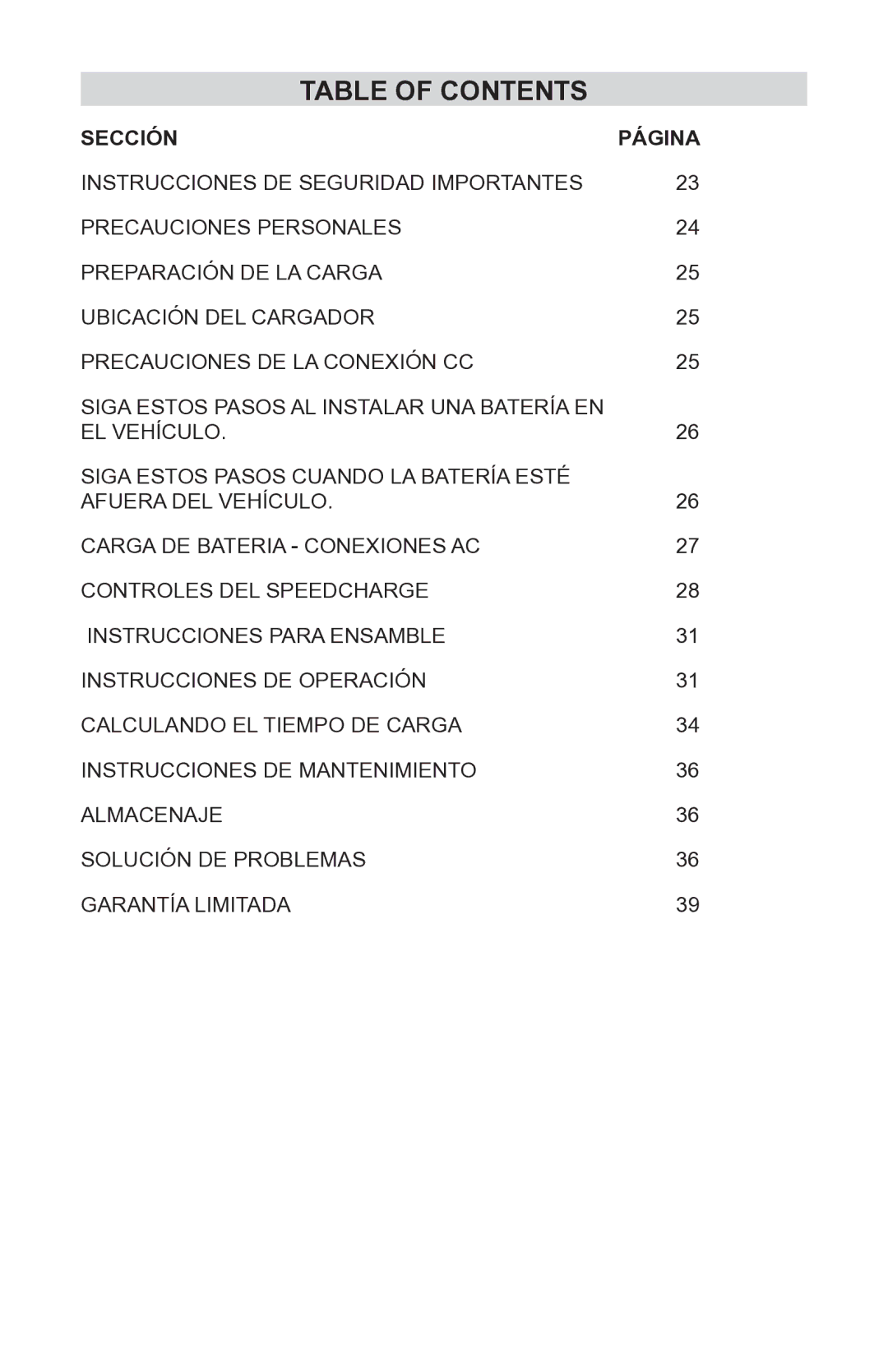 Schumacher MODELS SC-600A, SC-1000A owner manual Sección, Página 