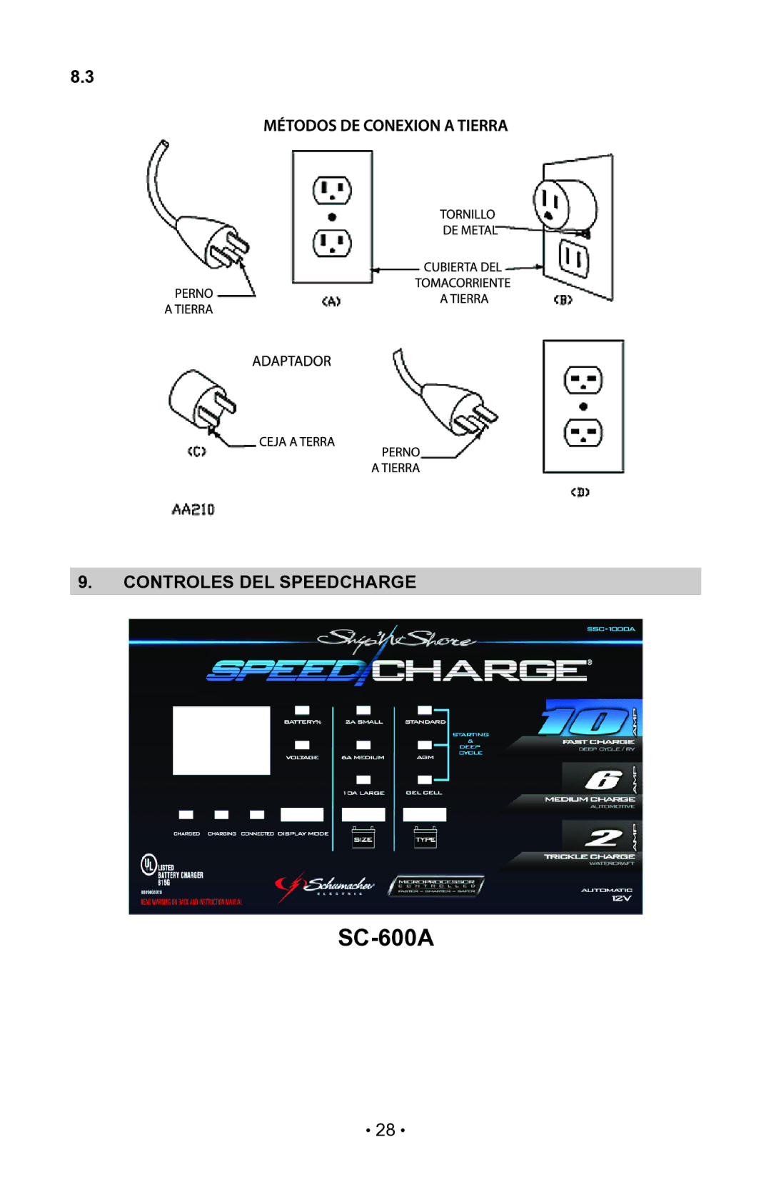 Schumacher MODELS SC-600A, SC-1000A owner manual Controles DEL Speedcharge 