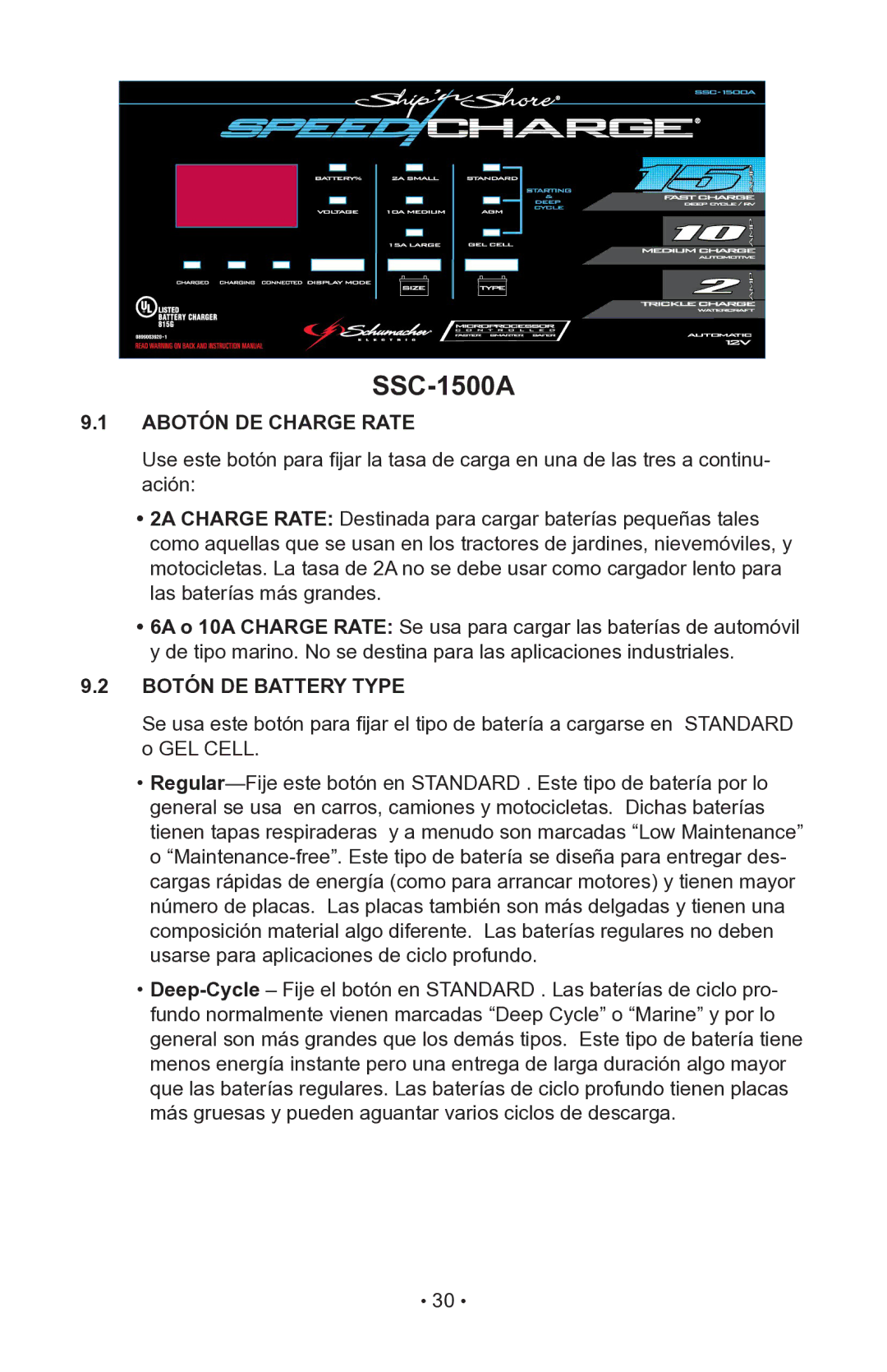 Schumacher MODELS SC-600A, SC-1000A owner manual Abotón DE Charge Rate, Botón DE Battery Type 