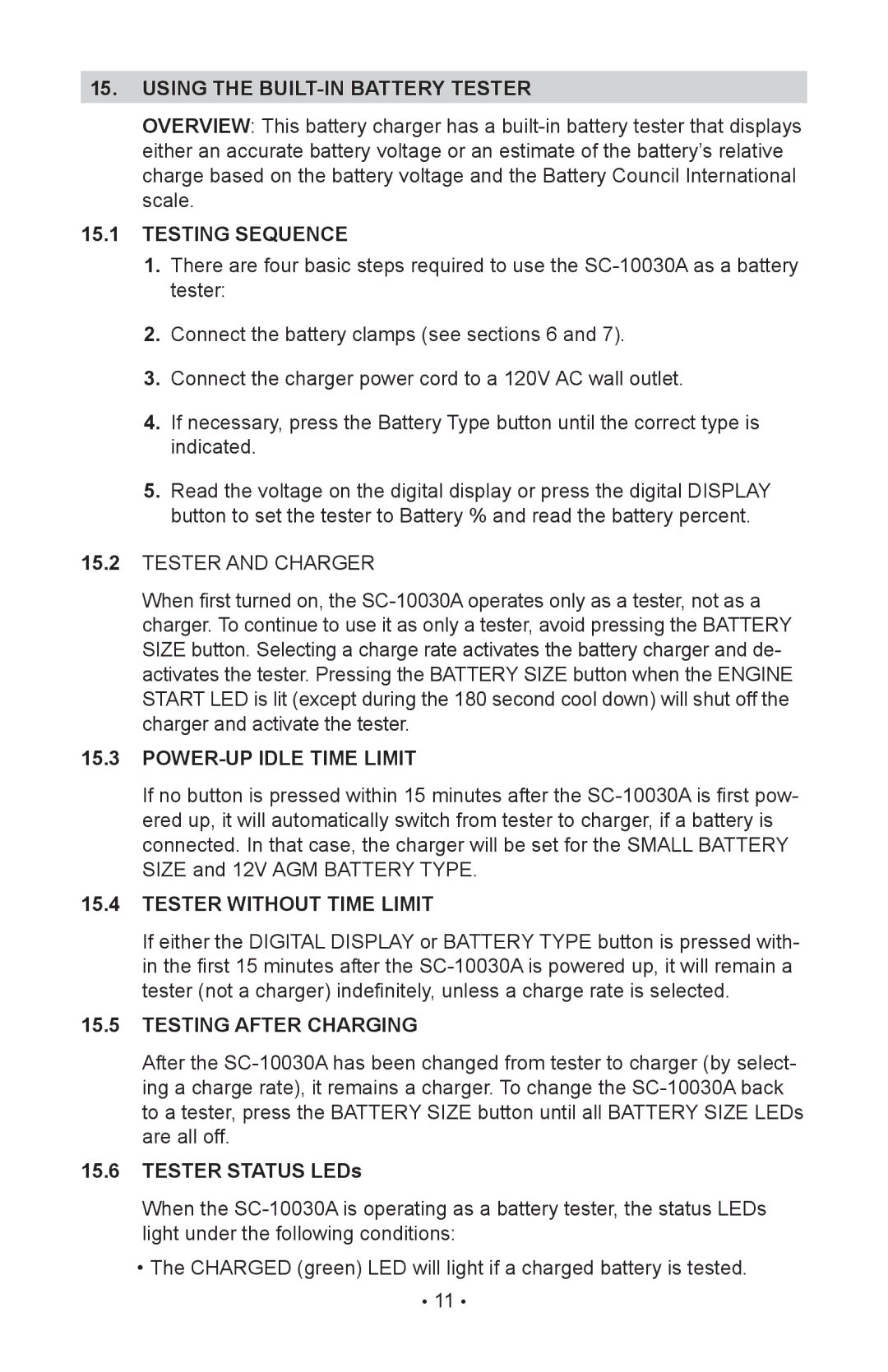 Schumacher SC-10030A Testing Sequence, POWER-UP Idle Time Limit, Tester Without Time Limit, Testing After Charging 