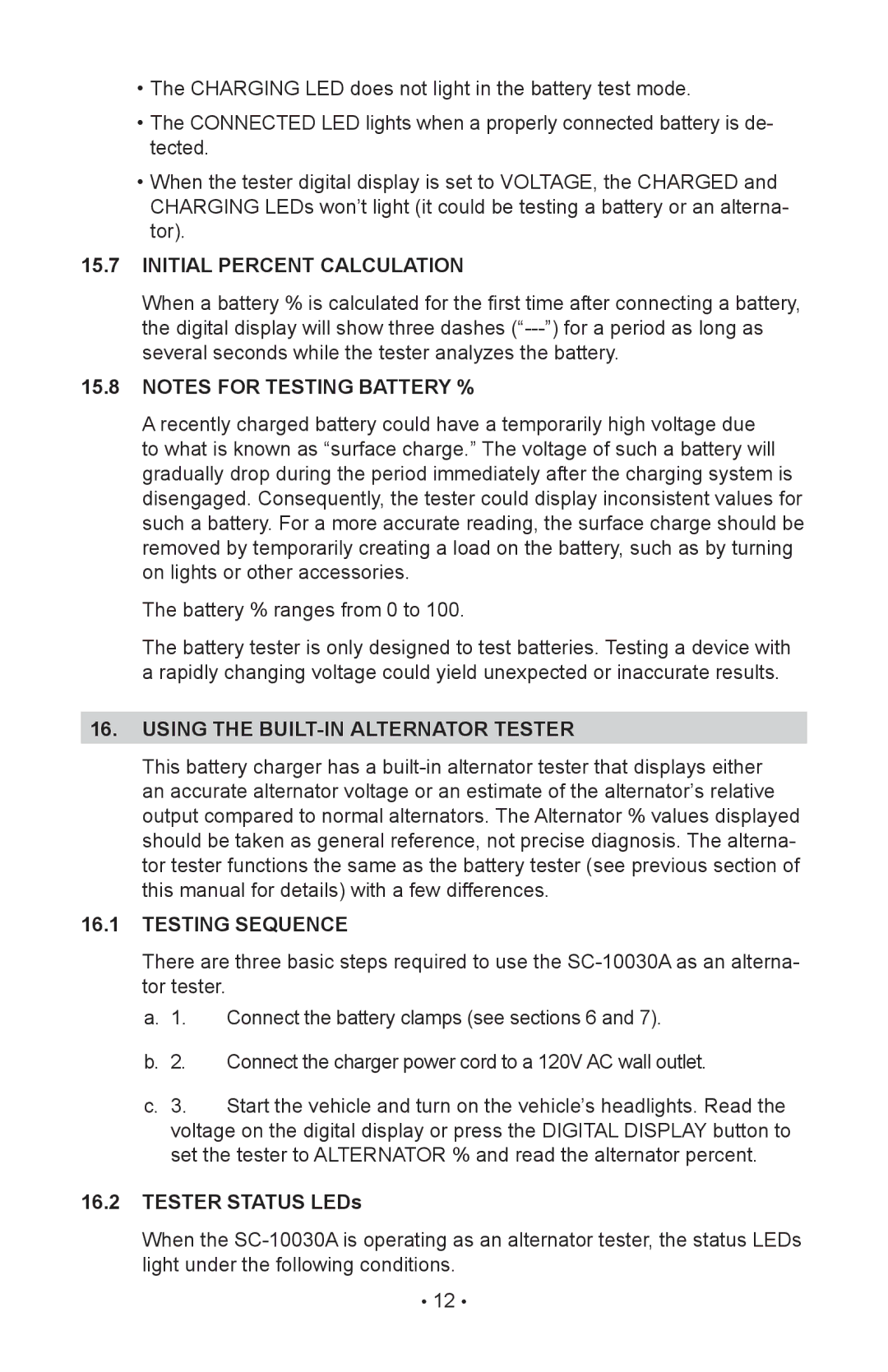 Schumacher SC-10030A owner manual Initial Percent Calculation, Using the built-in alternator tester 