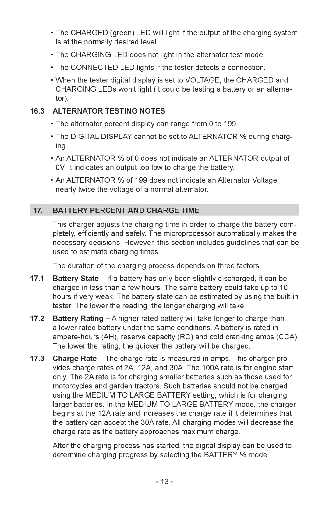 Schumacher SC-10030A owner manual Alternator Testing Notes, Battery percent and charge time 