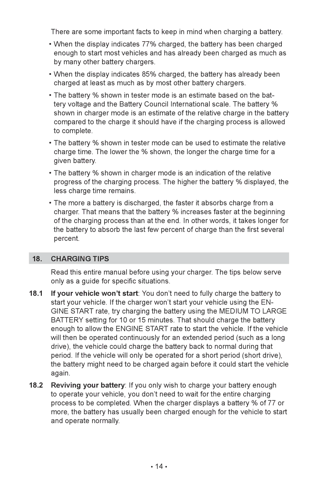 Schumacher SC-10030A owner manual Charging tips 