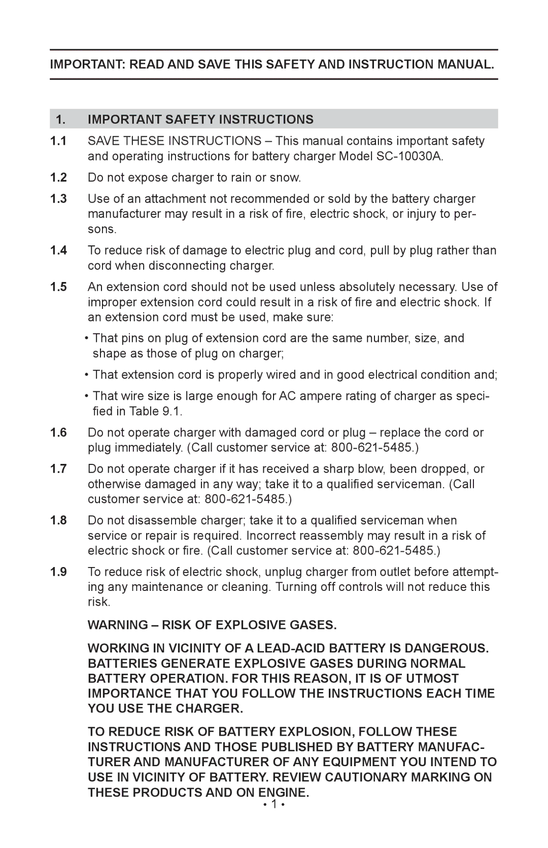 Schumacher SC-10030A owner manual Important Safety Instructions 