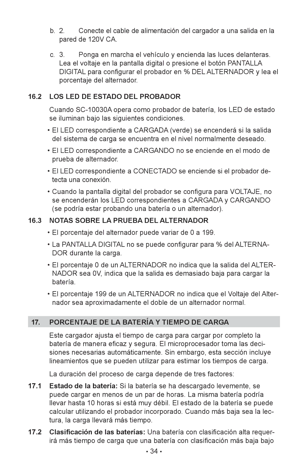 Schumacher SC-10030A owner manual Notas Sobre LA Prueba DEL Alternador, Porcentaje DE LA Batería Y Tiempo DE Carga 