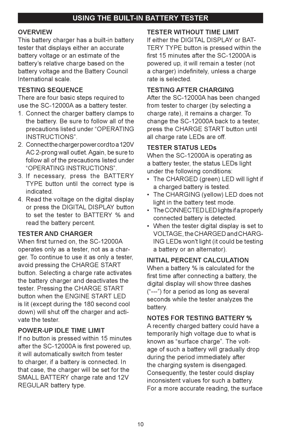 Schumacher SC-12000A owner manual Using the built-in Battery tester 