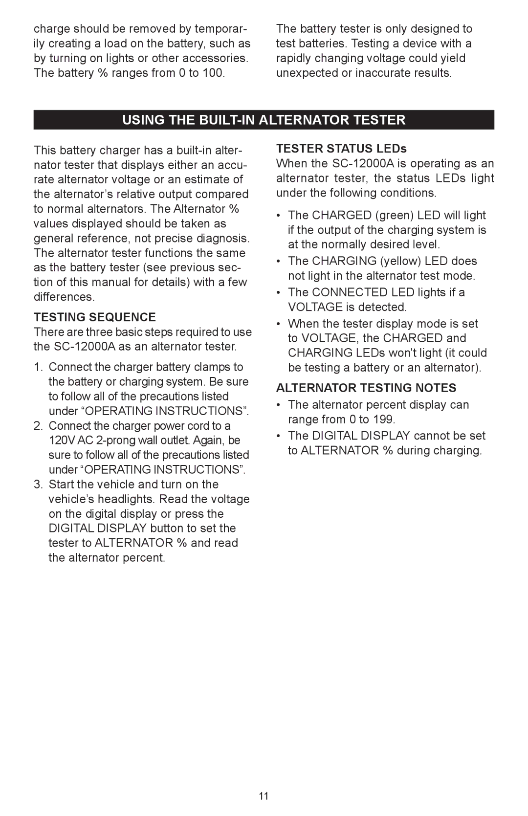 Schumacher SC-12000A owner manual Using the built-in alternator tester, Alternator Testing Notes 