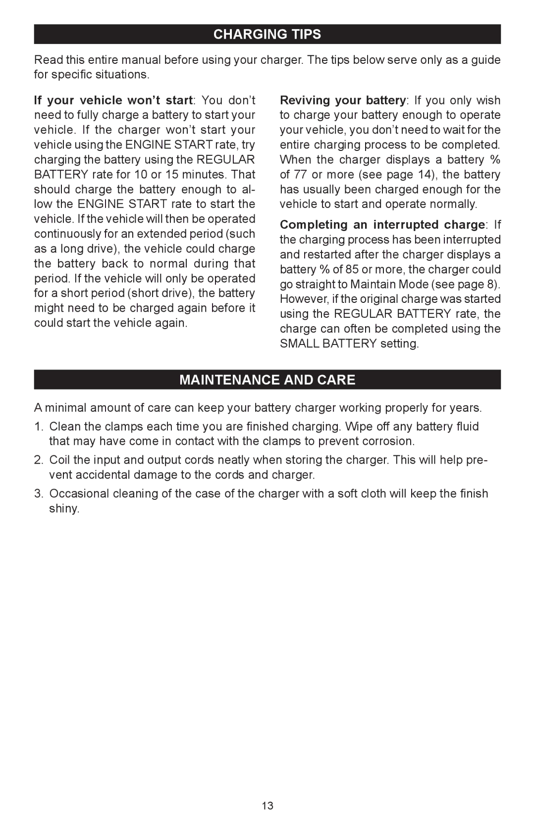 Schumacher SC-12000A owner manual Charging tips, Maintenance and Care 