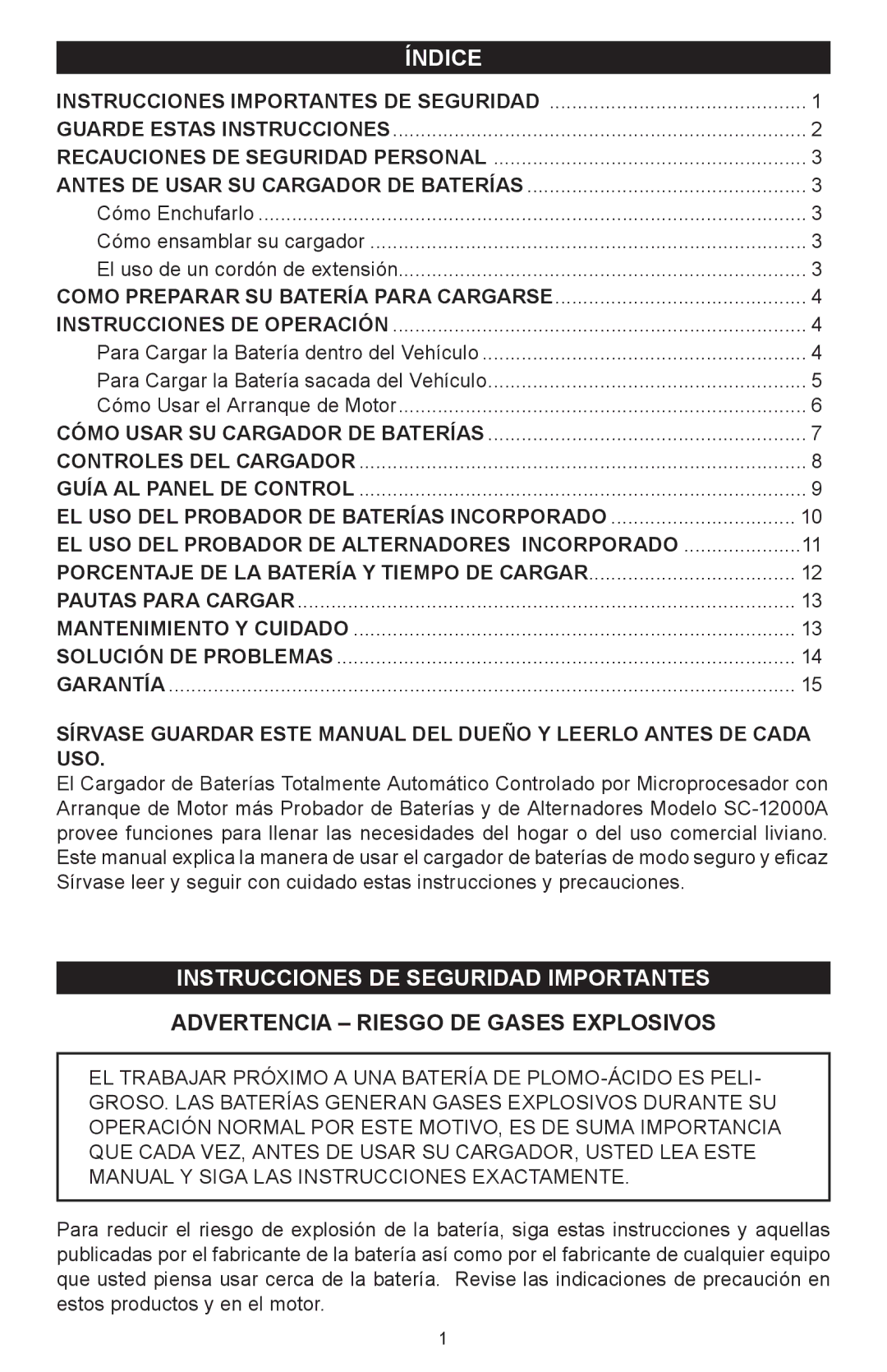 Schumacher SC-12000A owner manual Índice, Instrucciones de Seguridad Importantes 