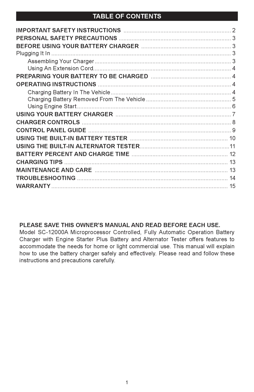 Schumacher SC-12000A owner manual Table of Contents 