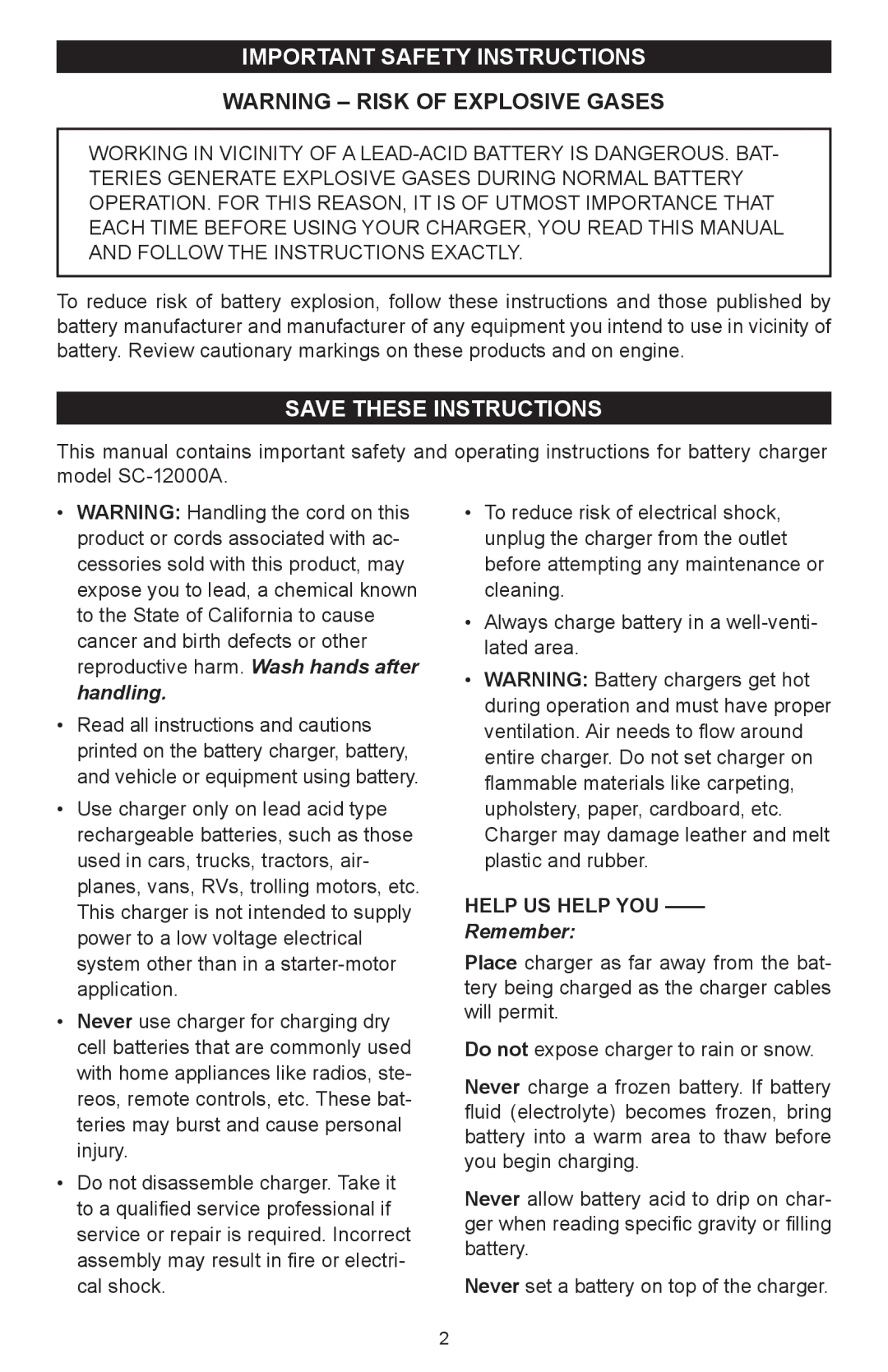 Schumacher SC-12000A owner manual Important Safety Instructions, Help us help you 