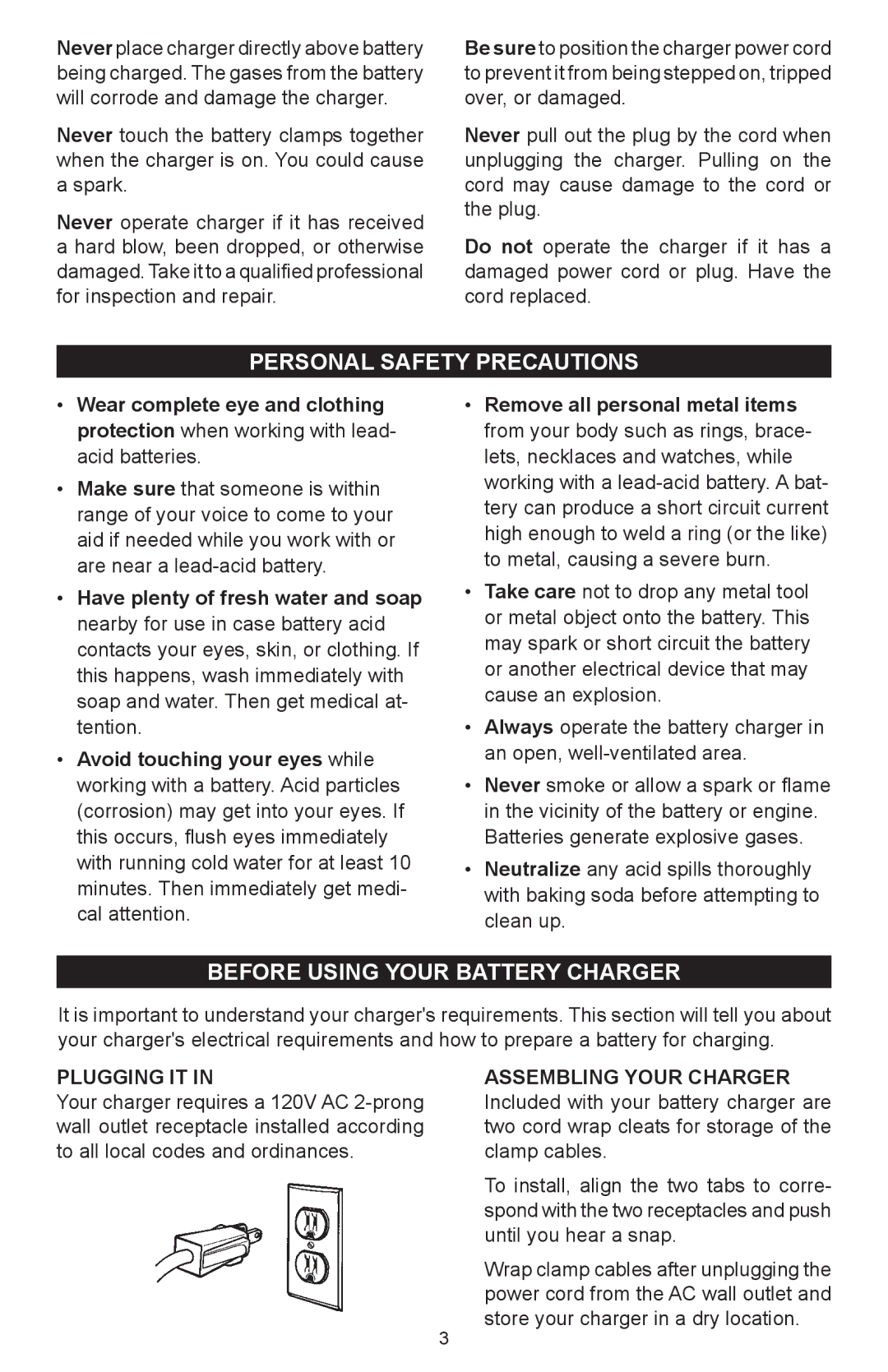 Schumacher SC-12000A owner manual Personal Safety Precautions, Before Using Your Battery Charger, Plugging IT 