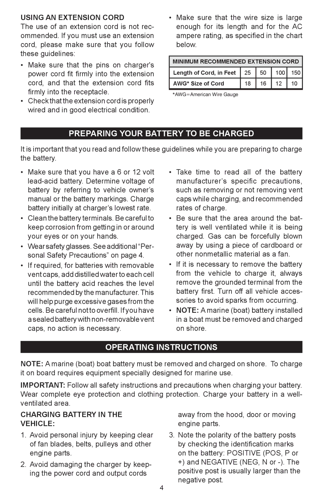 Schumacher SC-12000A owner manual Preparing your battery to be charged, Operating instructions, Using an extension cord 