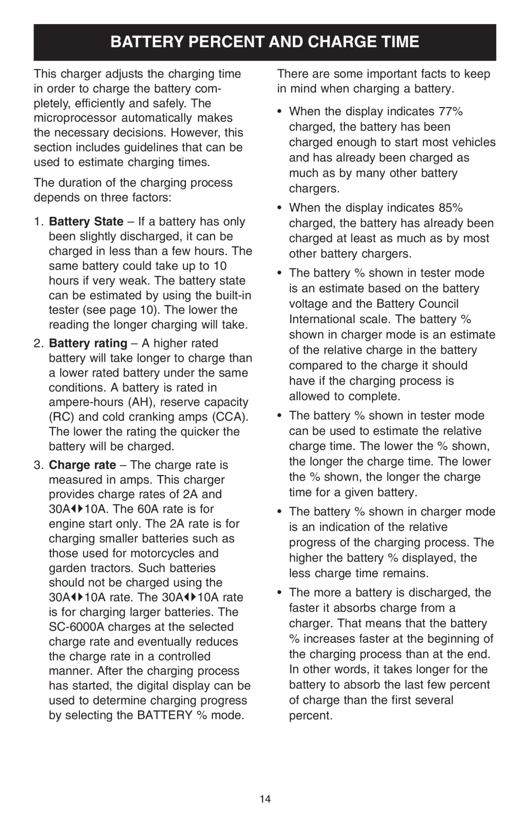 Schumacher SC-6000A owner manual Battery Percent and Charge Time 