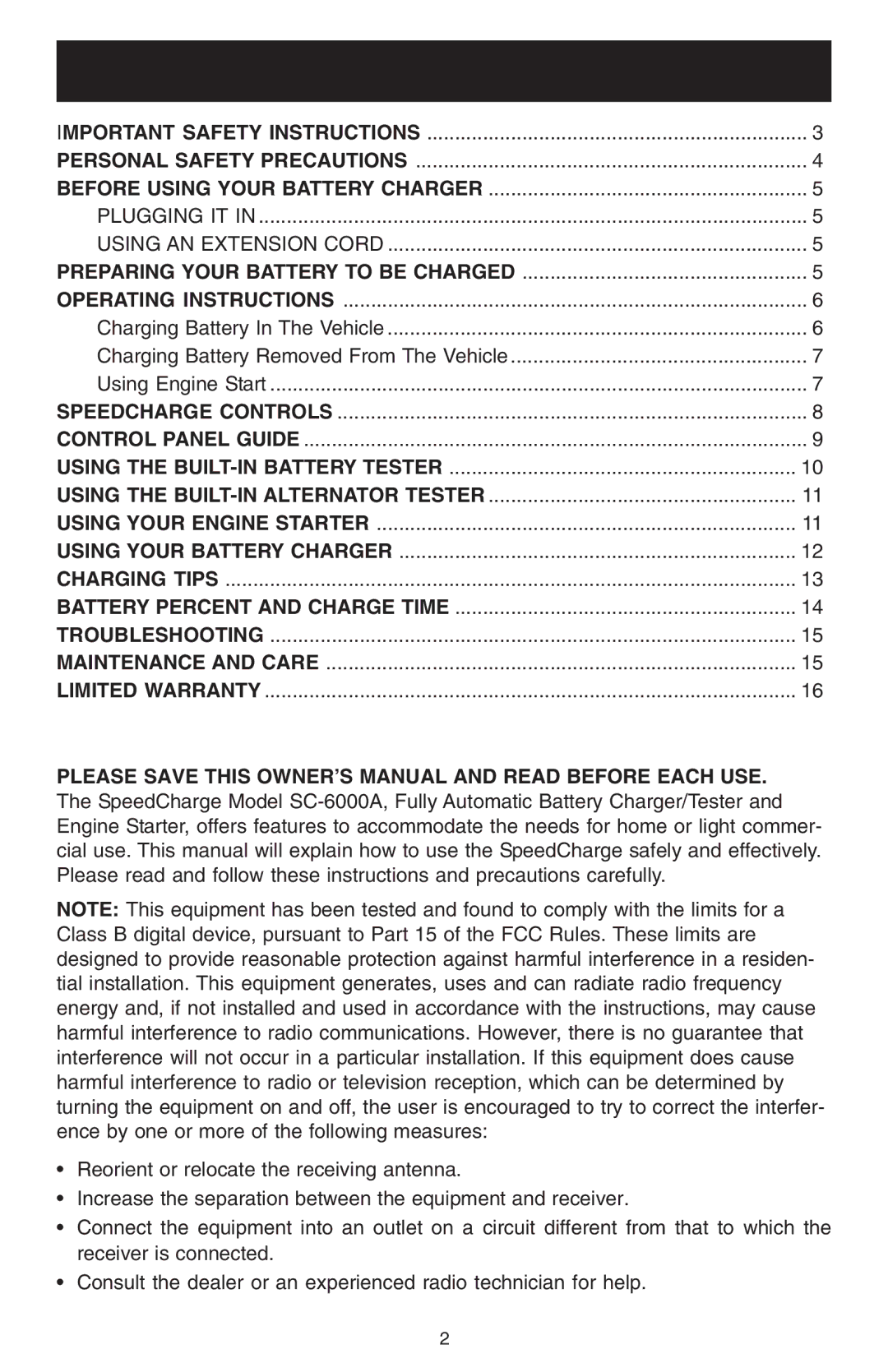 Schumacher SC-6000A owner manual Table of Contents 