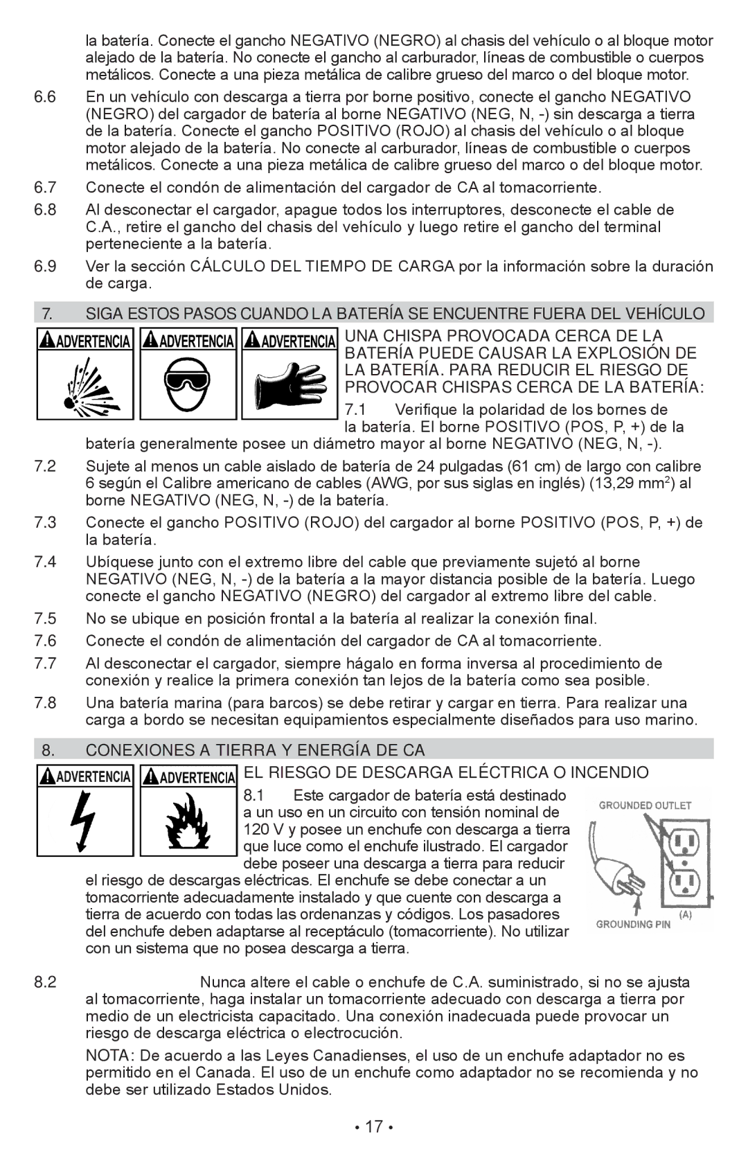 Schumacher SC-600A owner manual Conexiones a tierra y energía de CA, EL Riesgo DE Descarga Eléctrica O Incendio 