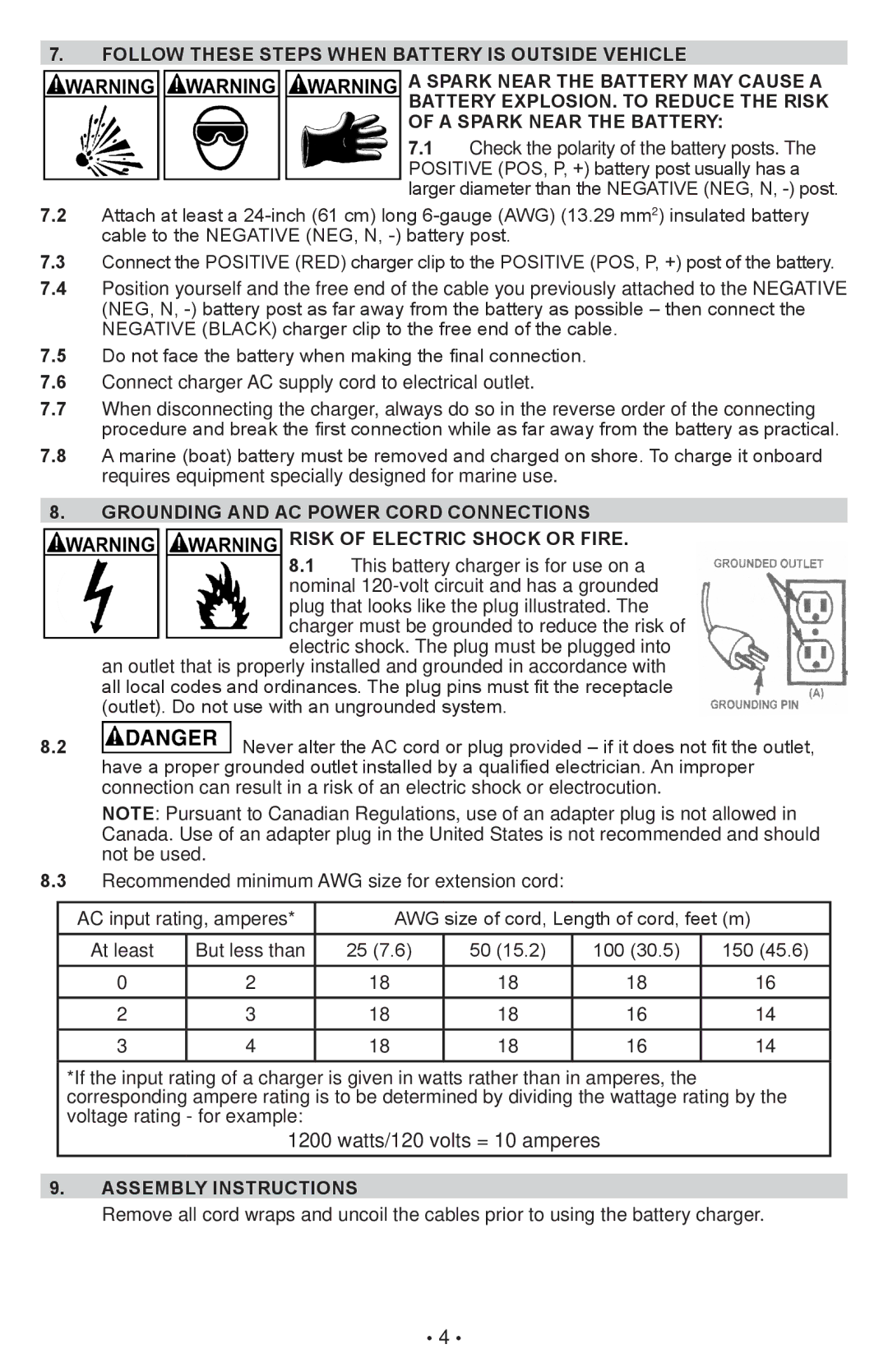 Schumacher SC-600A owner manual Grounding and ac power cord connections, Assembly Instructions 