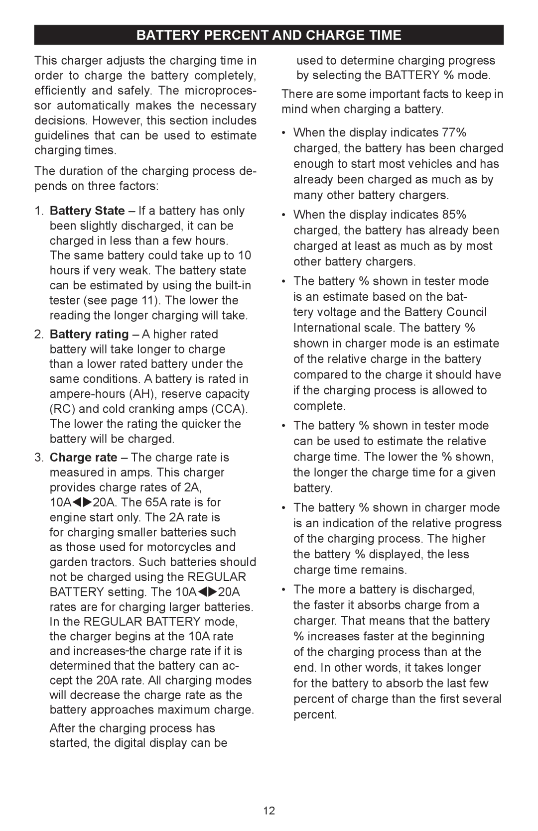 Schumacher SC-6500A owner manual Battery percent and charge time 