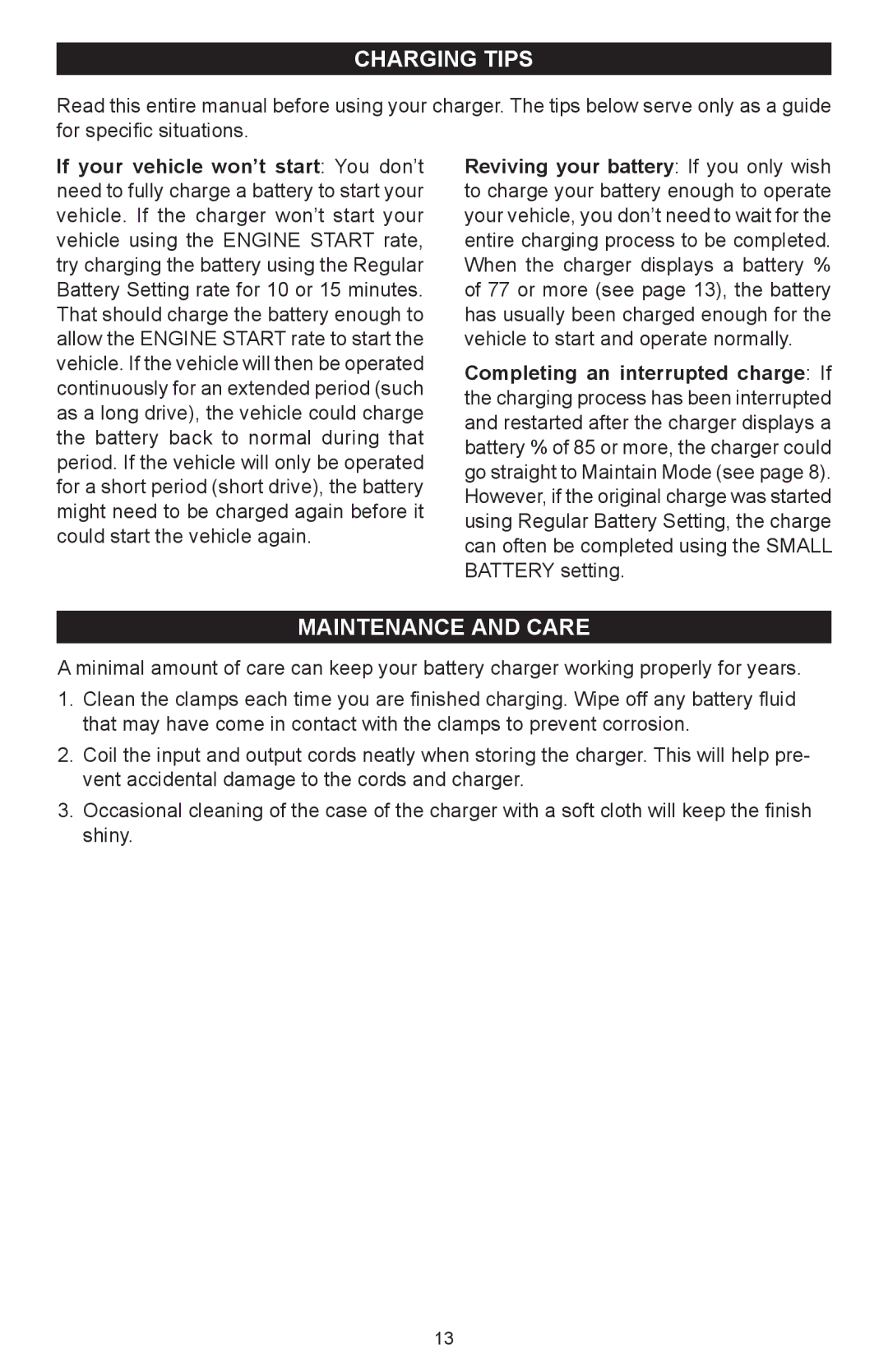 Schumacher SC-6500A owner manual Charging tips, Maintenance and Care 