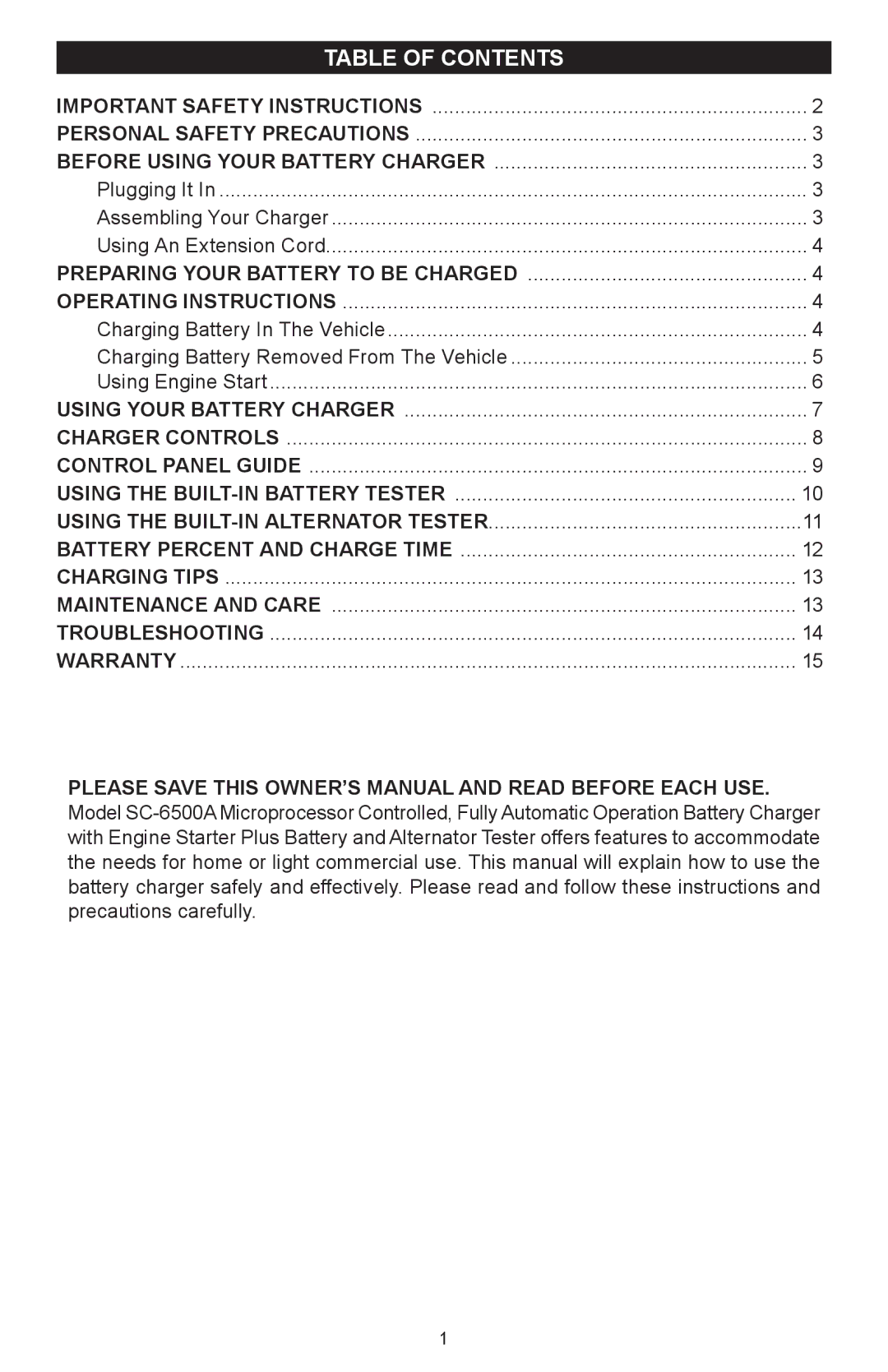 Schumacher SC-6500A owner manual Table of Contents 