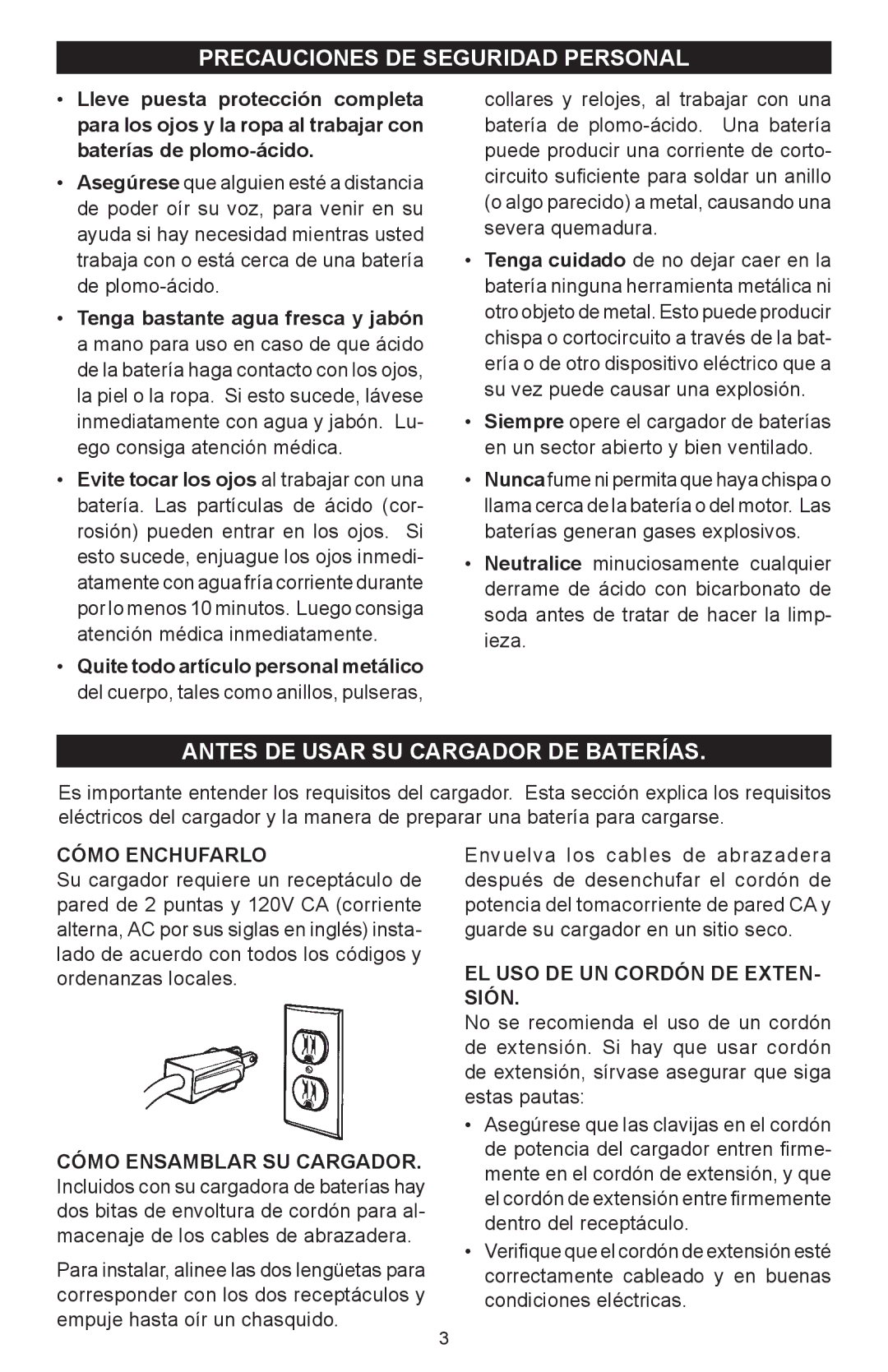 Schumacher SC-6500A owner manual Precauciones DE Seguridad Personal, Antes DE Usar SU Cargador DE Baterías, Cómo Enchufarlo 