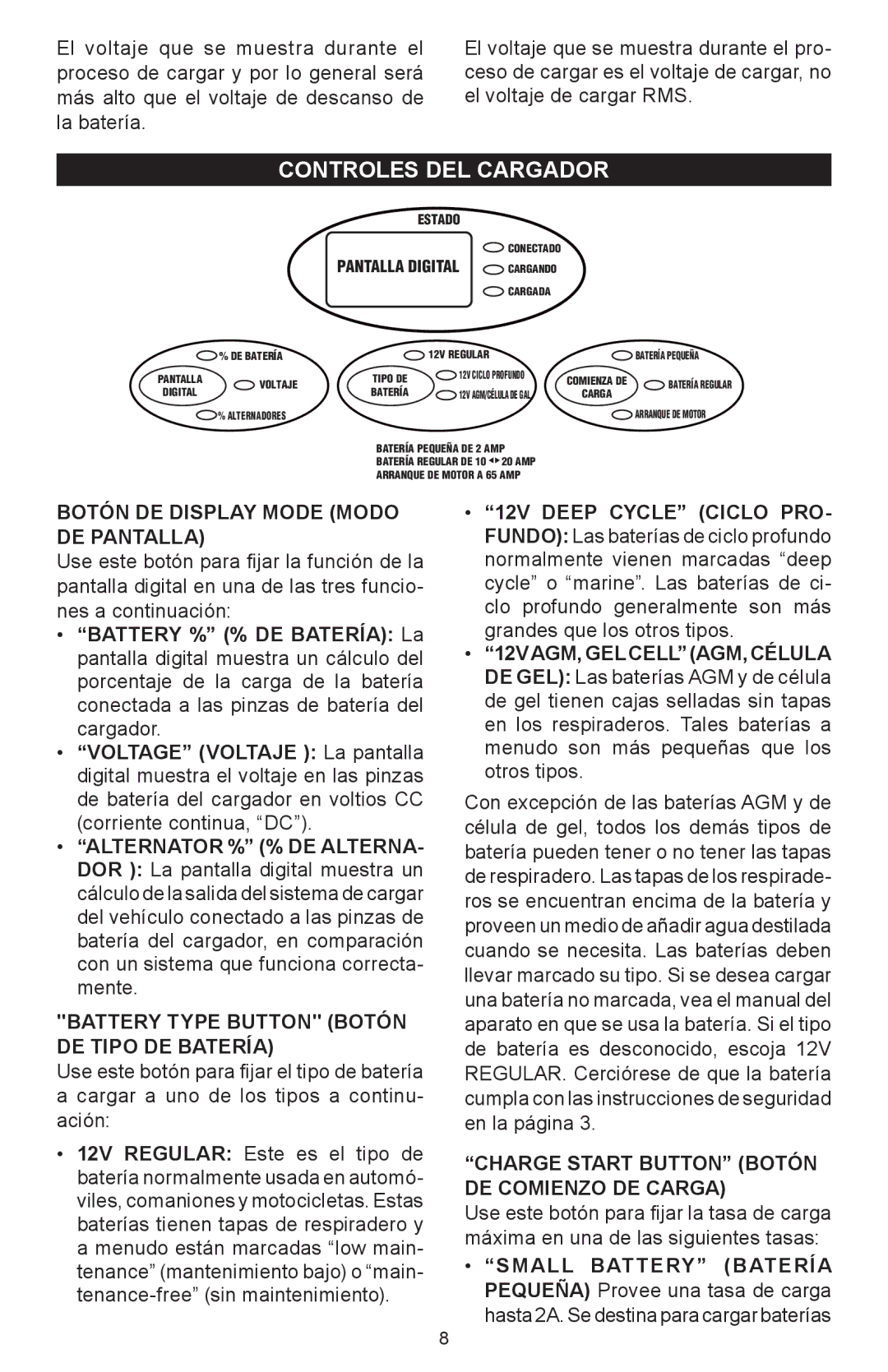 Schumacher SC-6500A owner manual Controles DEL Cargador, Botón DE Display Mode Modo DE Pantalla 