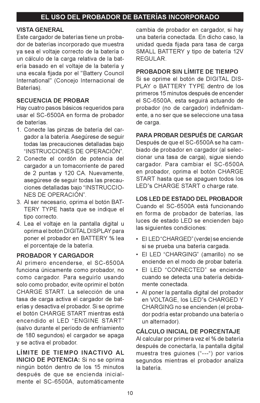 Schumacher SC-6500A EL USO DEL Probador DE Baterías Incorporado, Secuencia DE Probar, NES DE Operación, Regular 