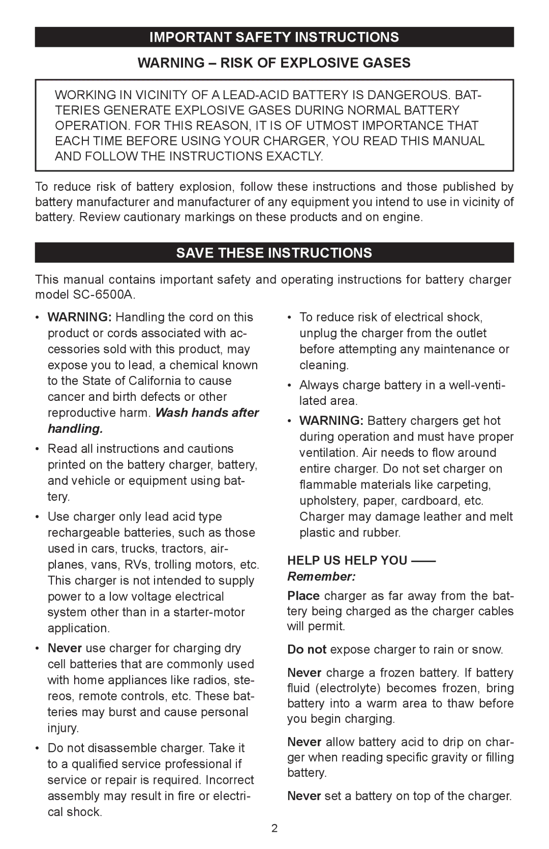 Schumacher SC-6500A owner manual Important Safety Instructions, Help us help you 