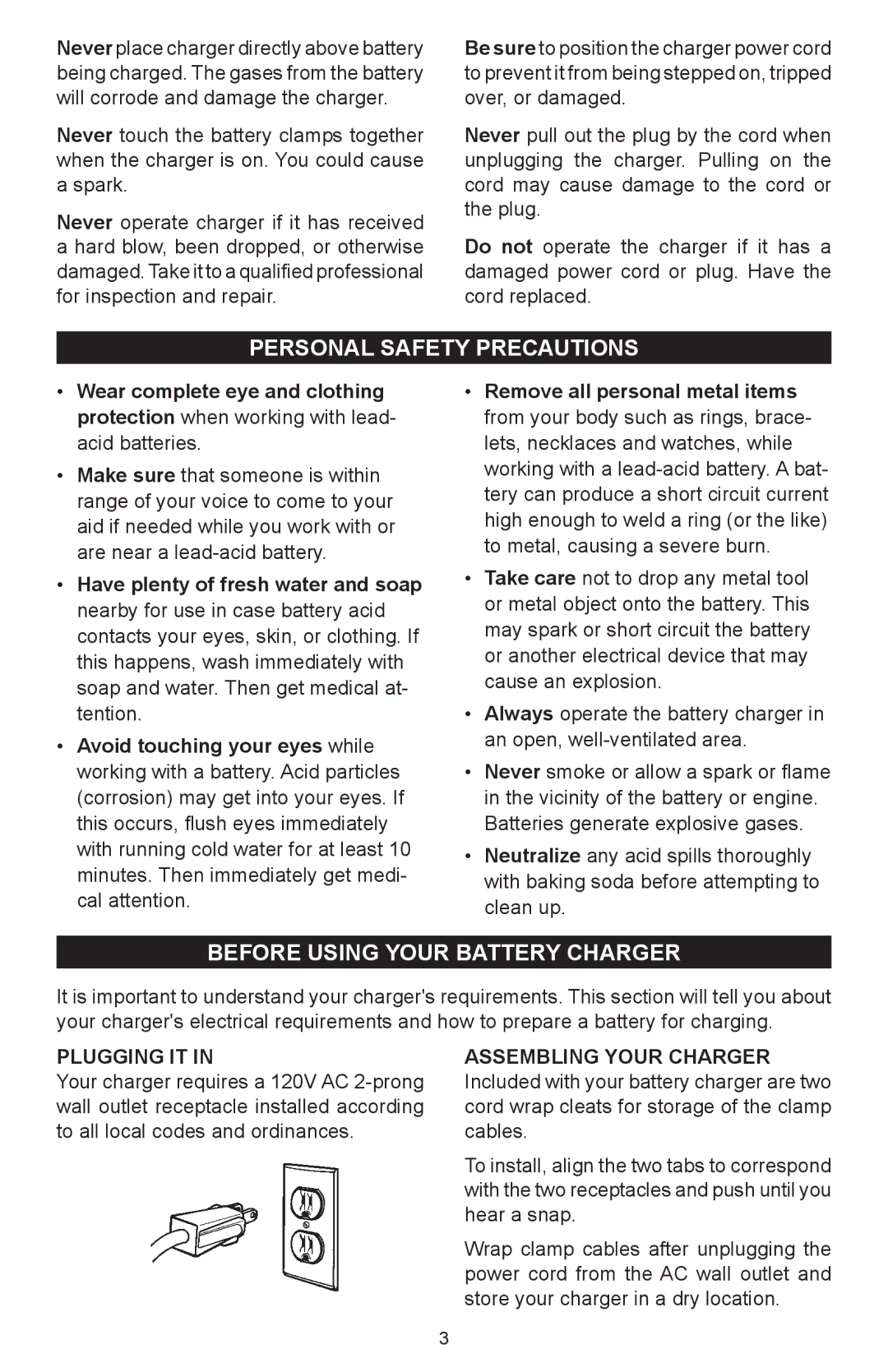 Schumacher SC-6500A owner manual Personal Safety Precautions, Before Using Your Battery Charger, Plugging IT 