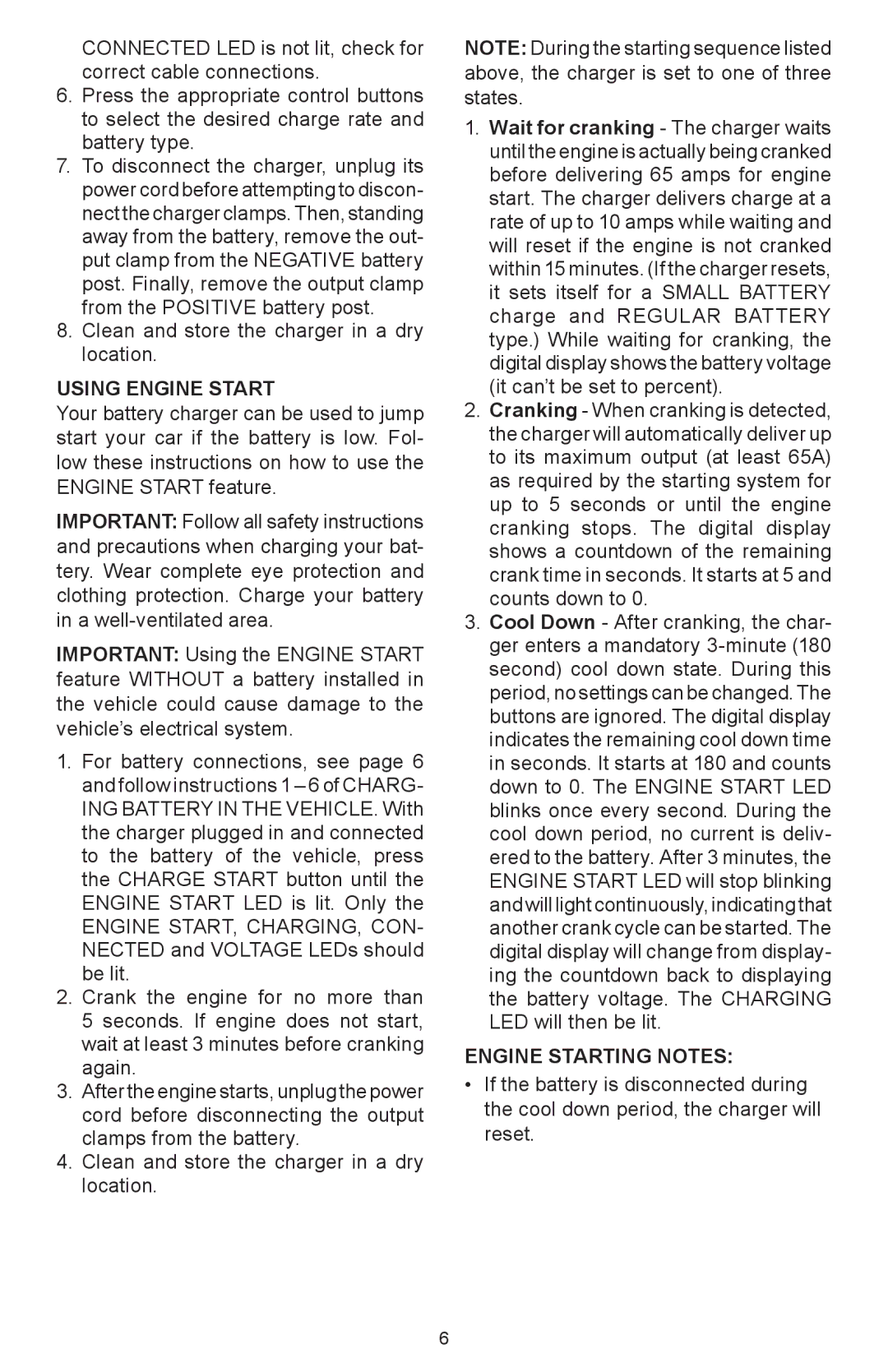 Schumacher SC-6500A owner manual Using Engine Start, Engine Starting Notes 