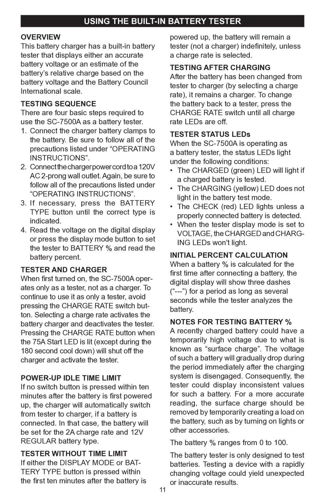 Schumacher SC-7500A operating instructions Using the built-in Battery tester 