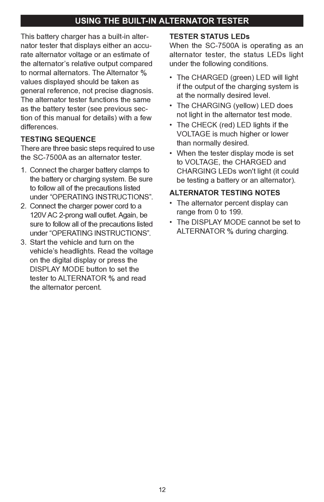 Schumacher SC-7500A operating instructions Using the built-in alternator tester, Alternator Testing Notes 