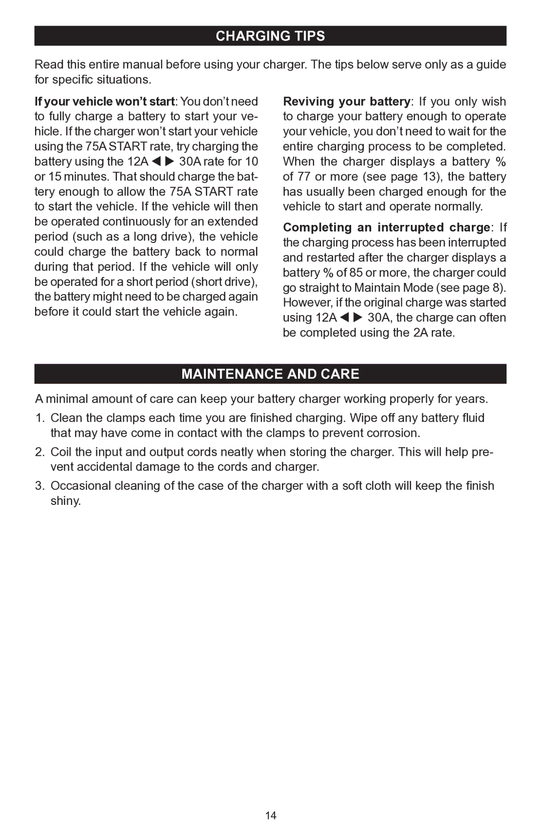 Schumacher SC-7500A operating instructions Charging tips, Maintenance and Care 