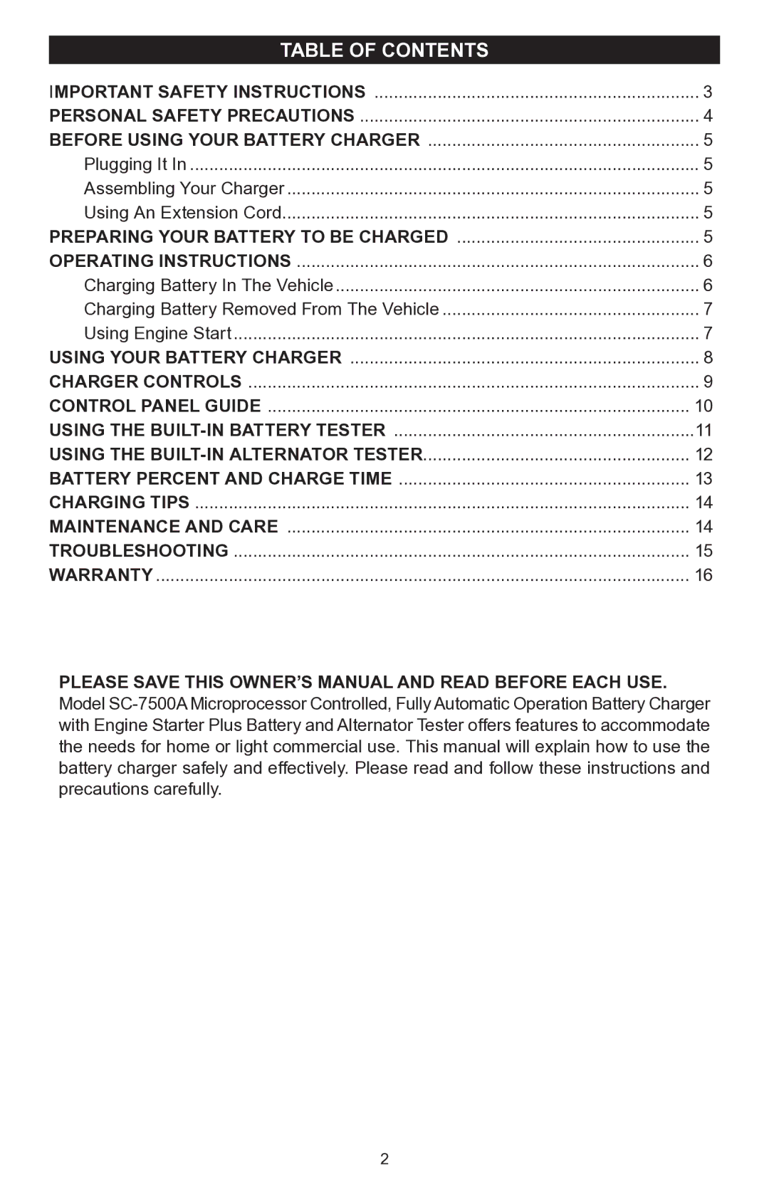 Schumacher SC-7500A operating instructions Table of Contents 