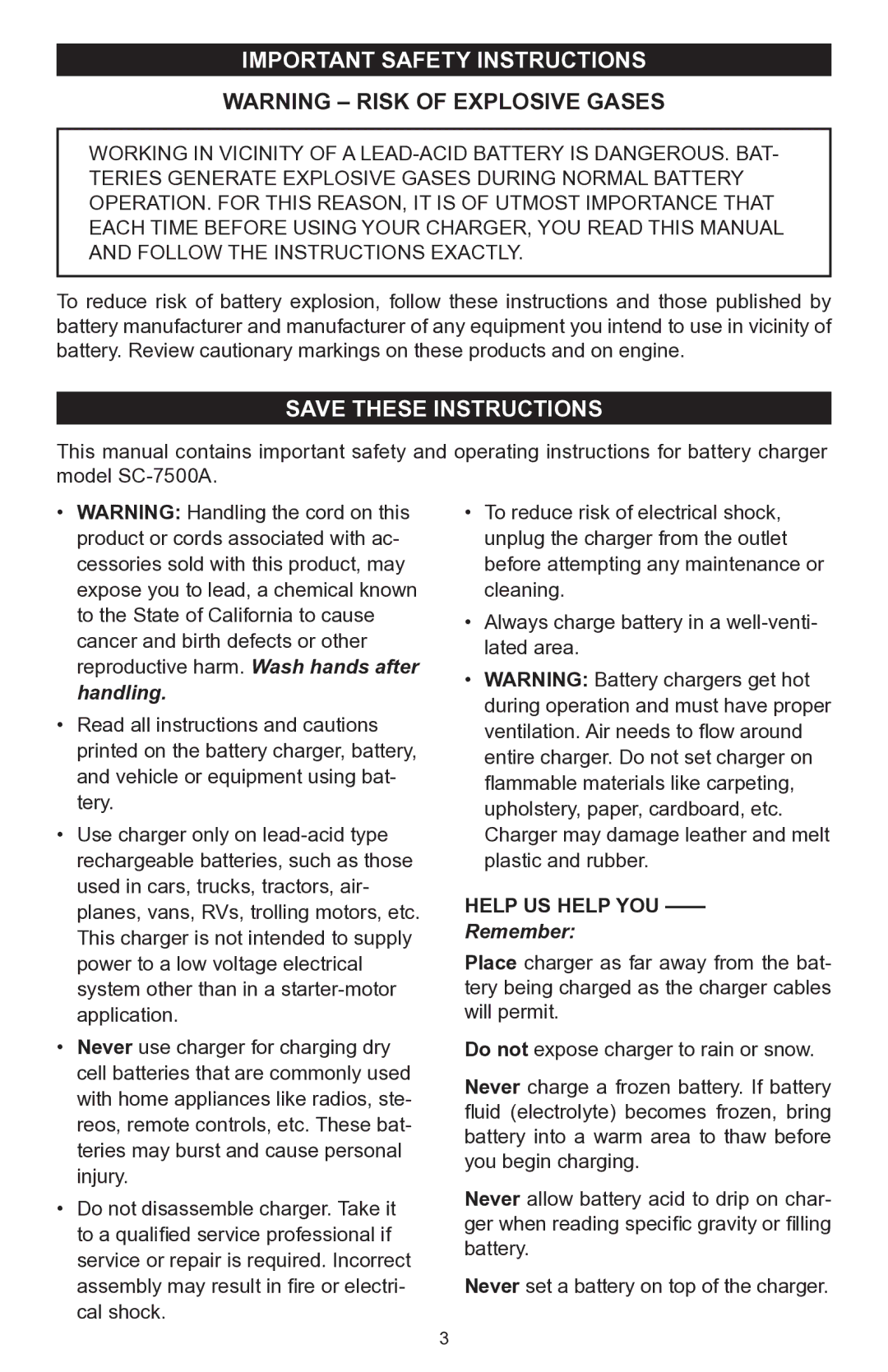 Schumacher SC-7500A operating instructions Important Safety Instructions, Help us help you 