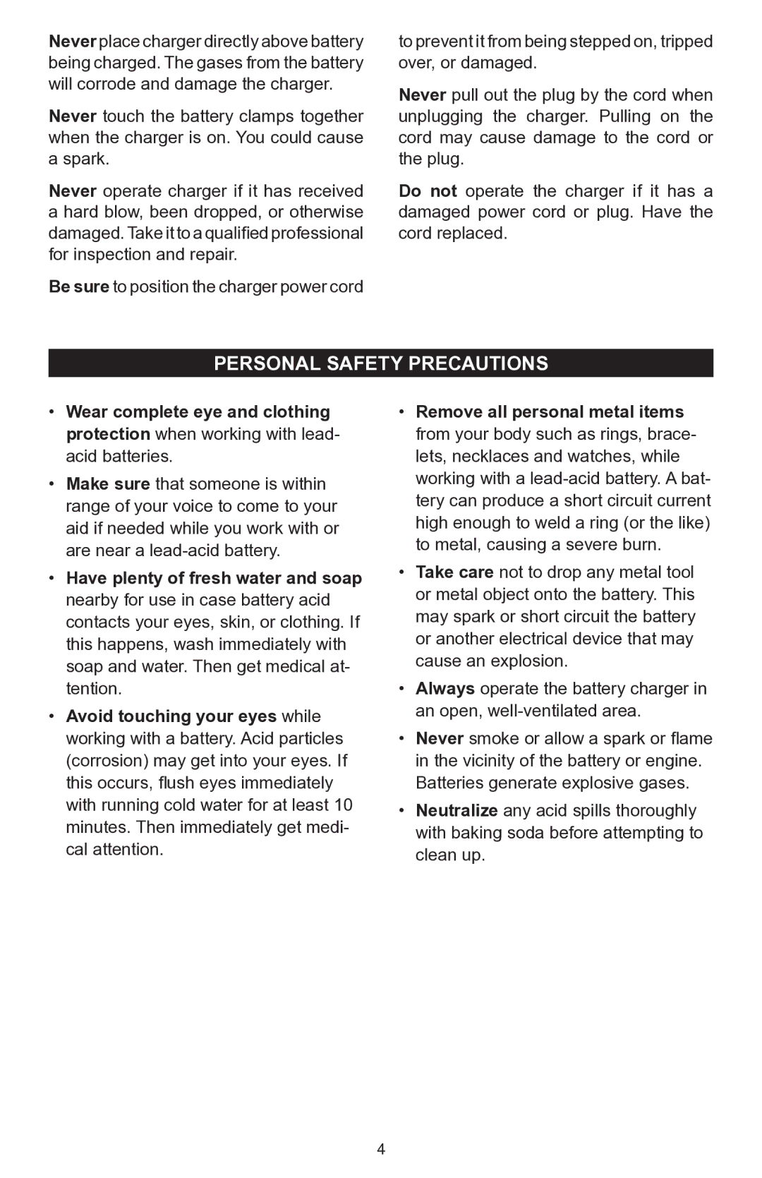 Schumacher SC-7500A operating instructions Personal Safety Precautions 