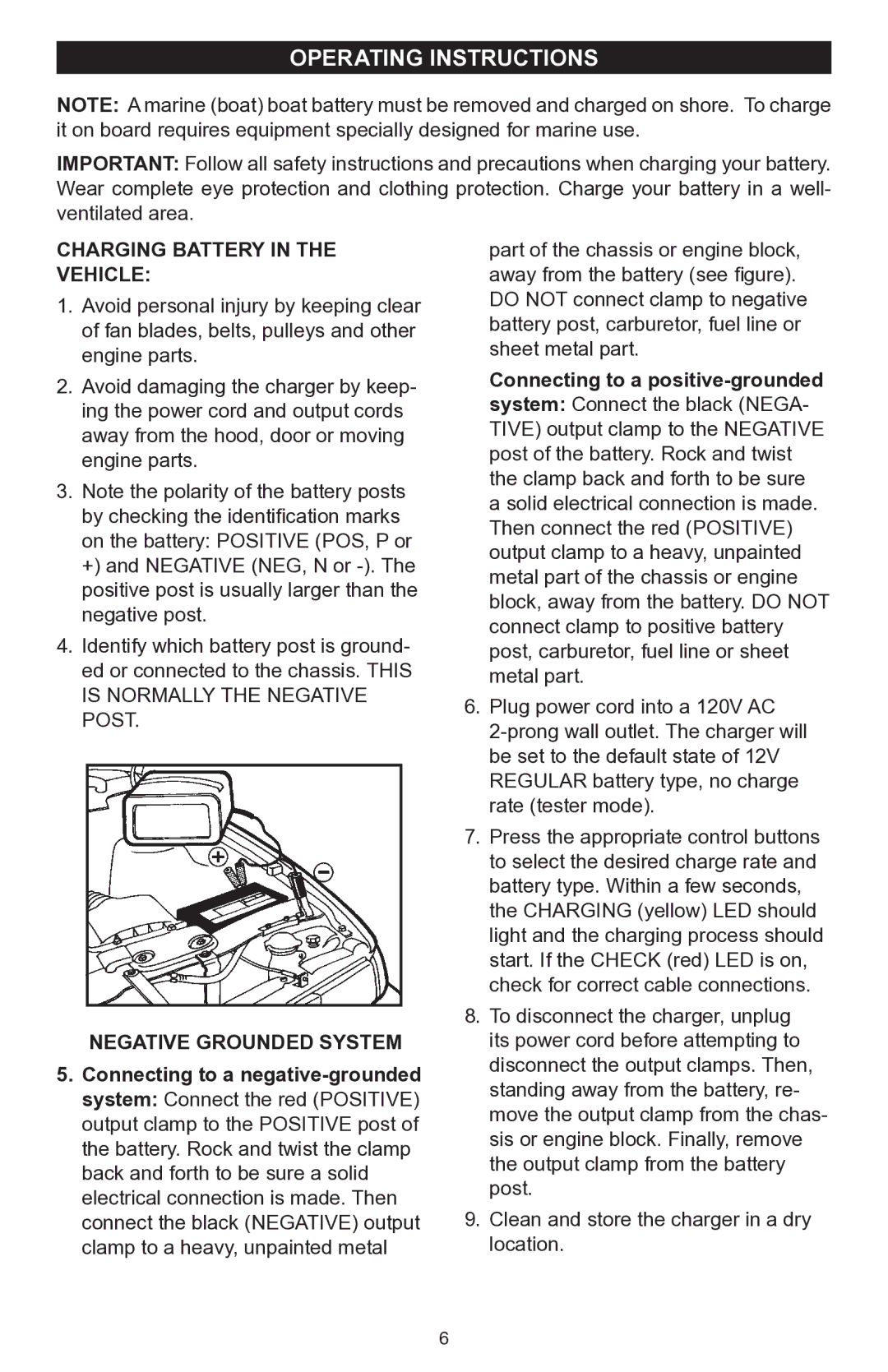 Schumacher SC-7500A Operating instructions, Charging Battery In The Vehicle, Negative Grounded System 