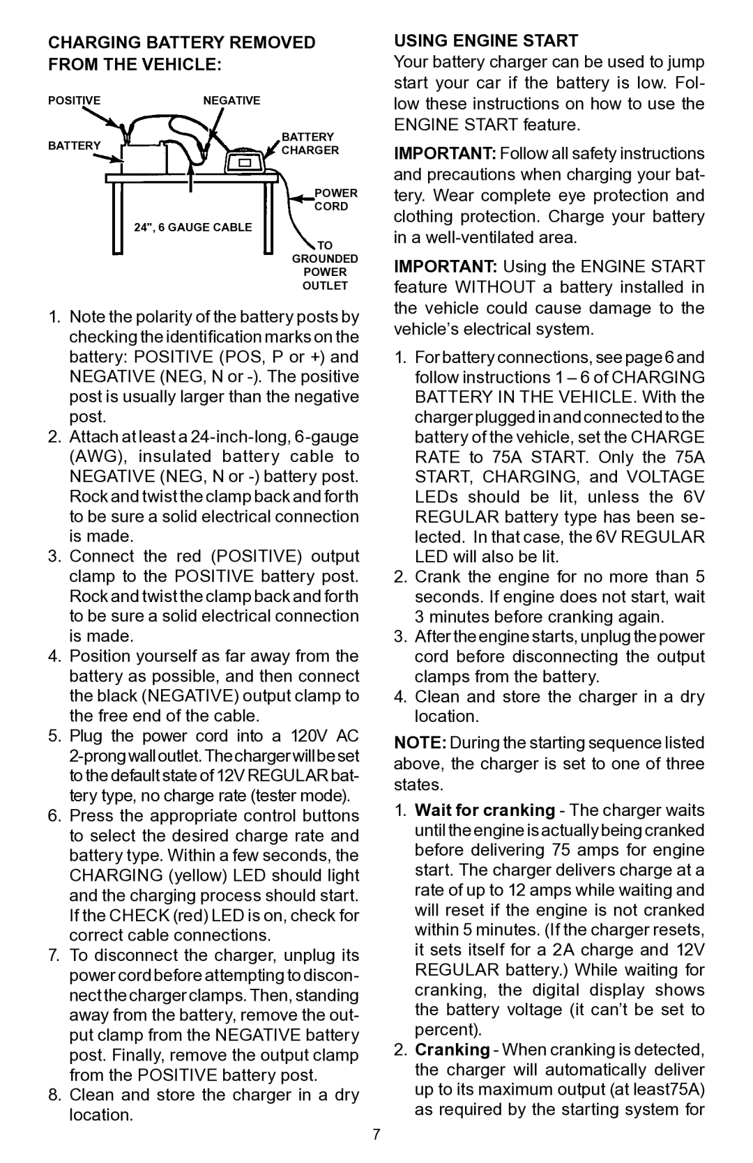 Schumacher SC-7500A operating instructions Charging Battery Removed From The Vehicle, Using Engine Start 