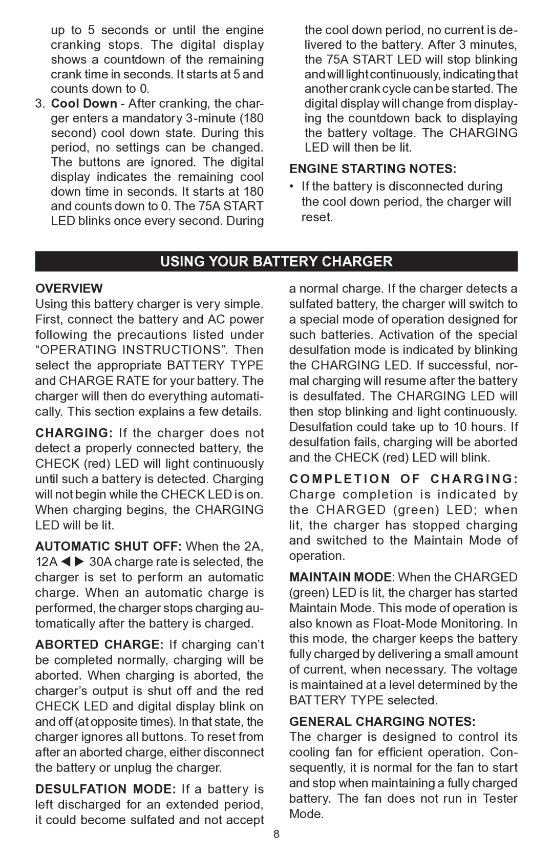 Schumacher SC-7500A Using your battery charger, Engine Starting Notes, Overview, General Charging Notes 