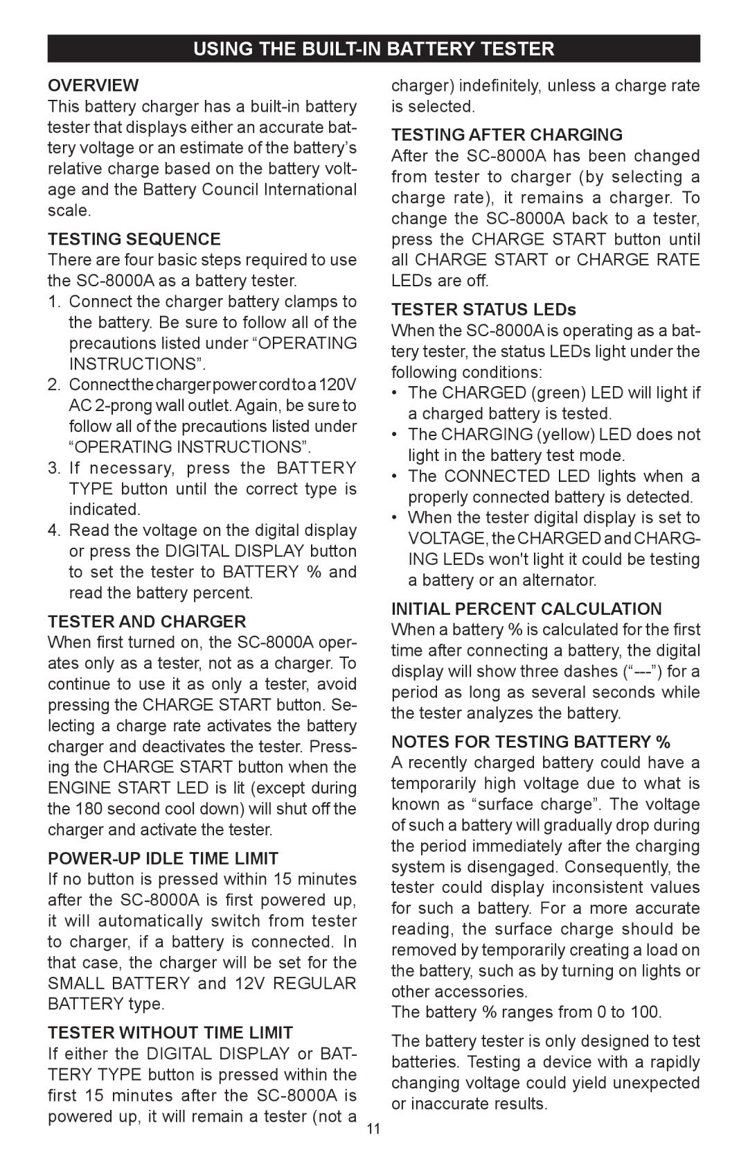 Schumacher SC-8000A owner manual Using the built-in Battery tester 