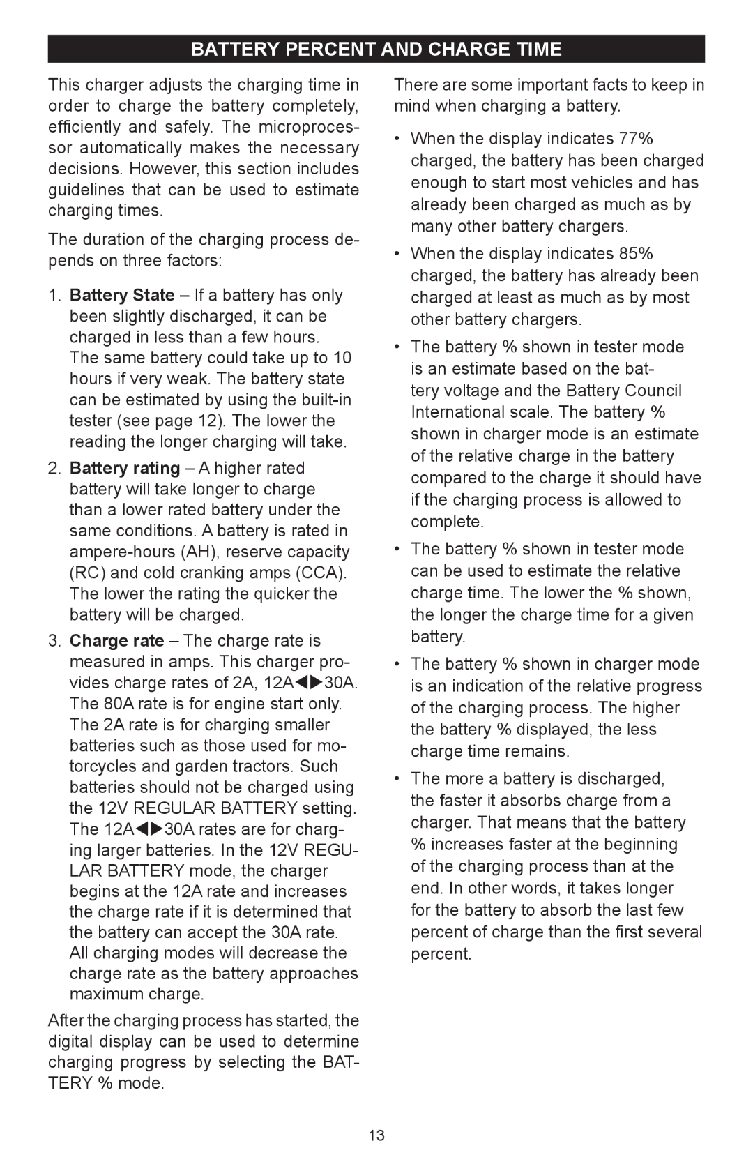 Schumacher SC-8000A owner manual Battery percent and charge time, Lower the rating the quicker the battery will be charged 