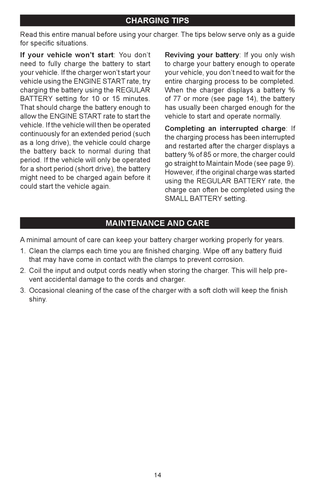 Schumacher SC-8000A owner manual Charging tips, Maintenance and Care 